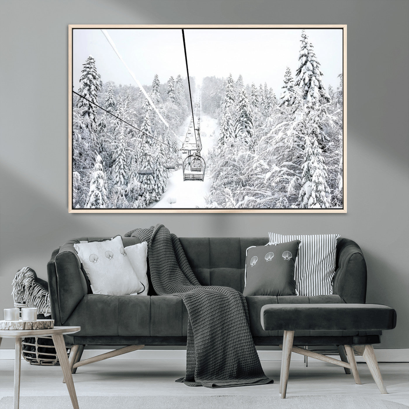 MGV-FC-36X24 - Snowy Mountains Wall Art Canvas Print, Framed Ski Lift Art Picture Print, Winter Forest Perfect