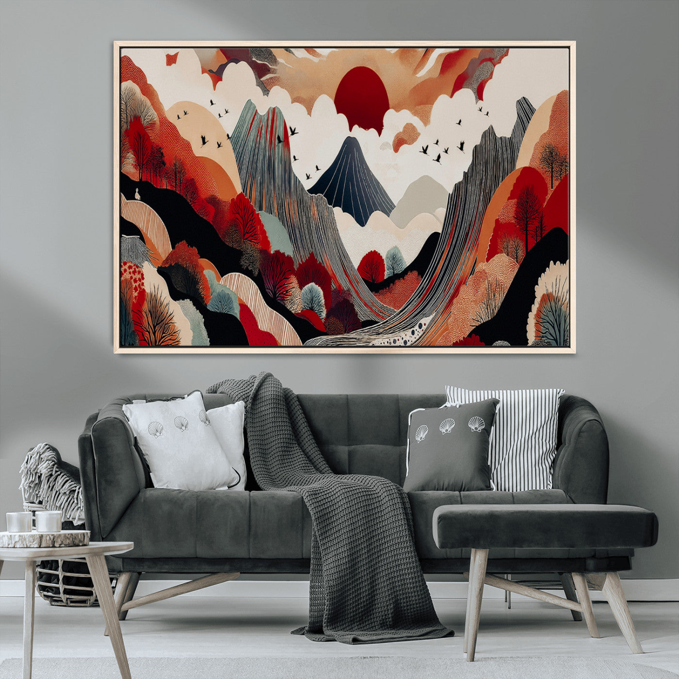 MGV-FC-36X24 - Abstract Mountain Wall Art Canvas Print, Framed Vibrant Landscape Art Picture Print, Stylized Nature Drawing Perfect Contemporary Minimalist Decor Artwork