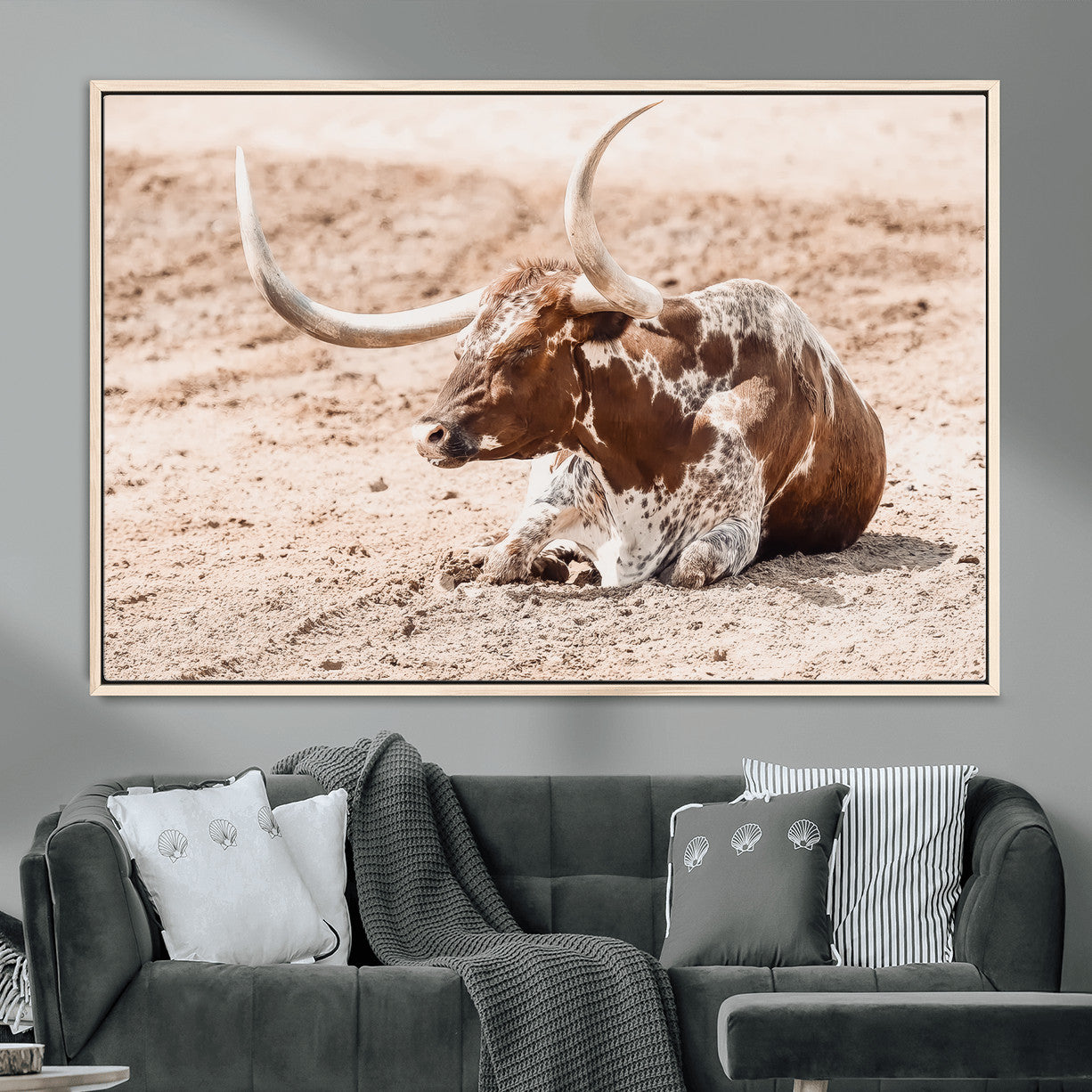91248682-MGV-CV-36X24-Texas Longhorn Wall Art Canvas Print – Framed Resting Bull Scene with Spotted Cattle Artwork for Home, Office