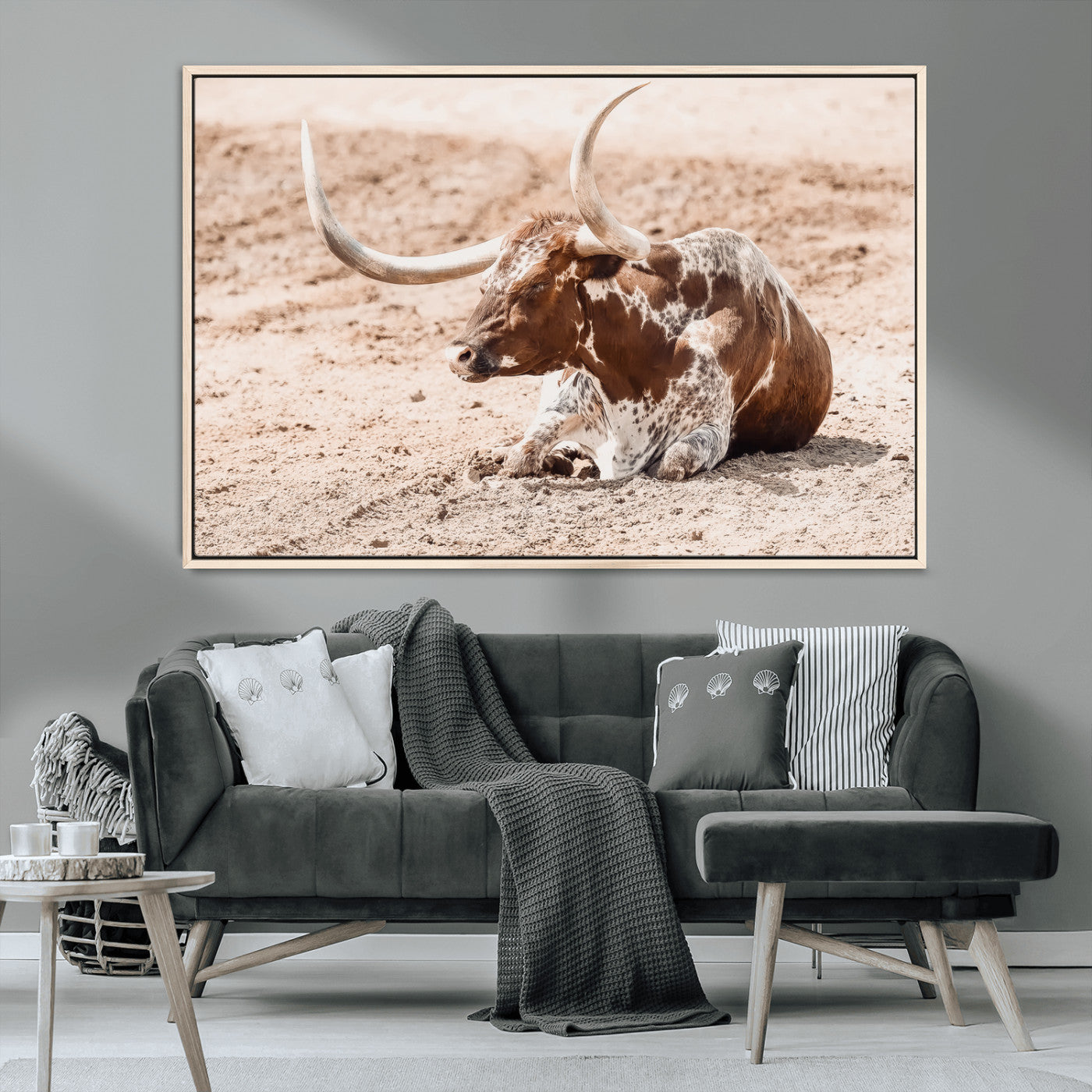 MGV-FC-36X24 - Texas Longhorn Wall Art Canvas Print, Framed Resting Bull Art Picture Print, Spotted Cattle Perfect Rustic Western Decor Artwork