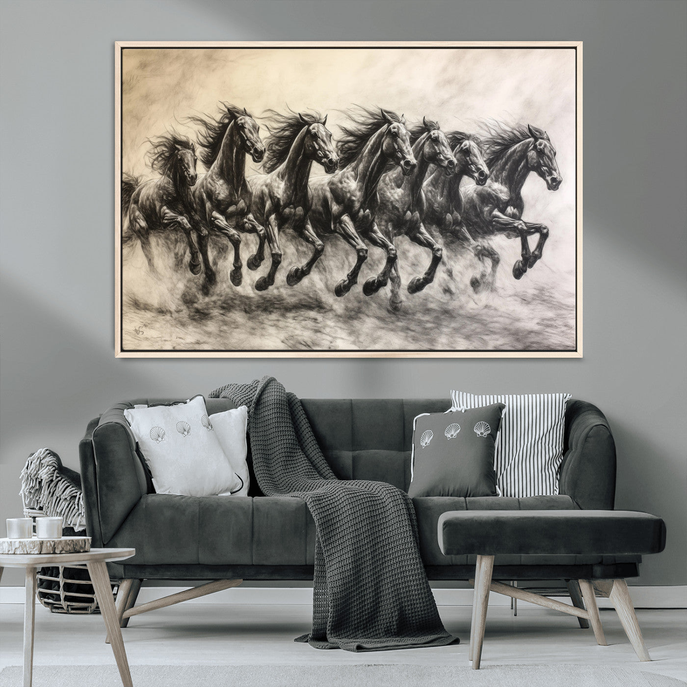 MGV-FC-36X24 - Galloping Horses Wall Art Canvas Print, Framed Wild Stallions Art Picture Print, Horse Herd Sketch Perfect Monochrome Dynamic Decor Artwork