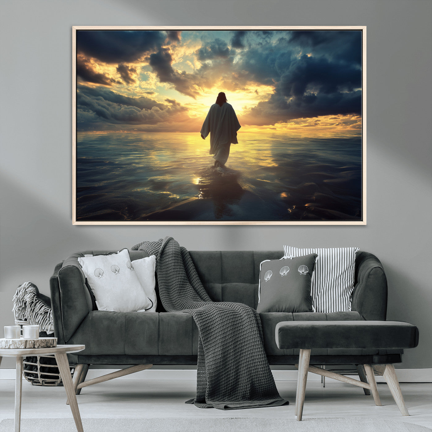 MGV-FC-36X24 - Jesus Walks Wall Art Canvas Print, Framed Divine Sunset Art Picture Print, Spiritual Light Perfect Spiritual Tranquil Decor Artwork