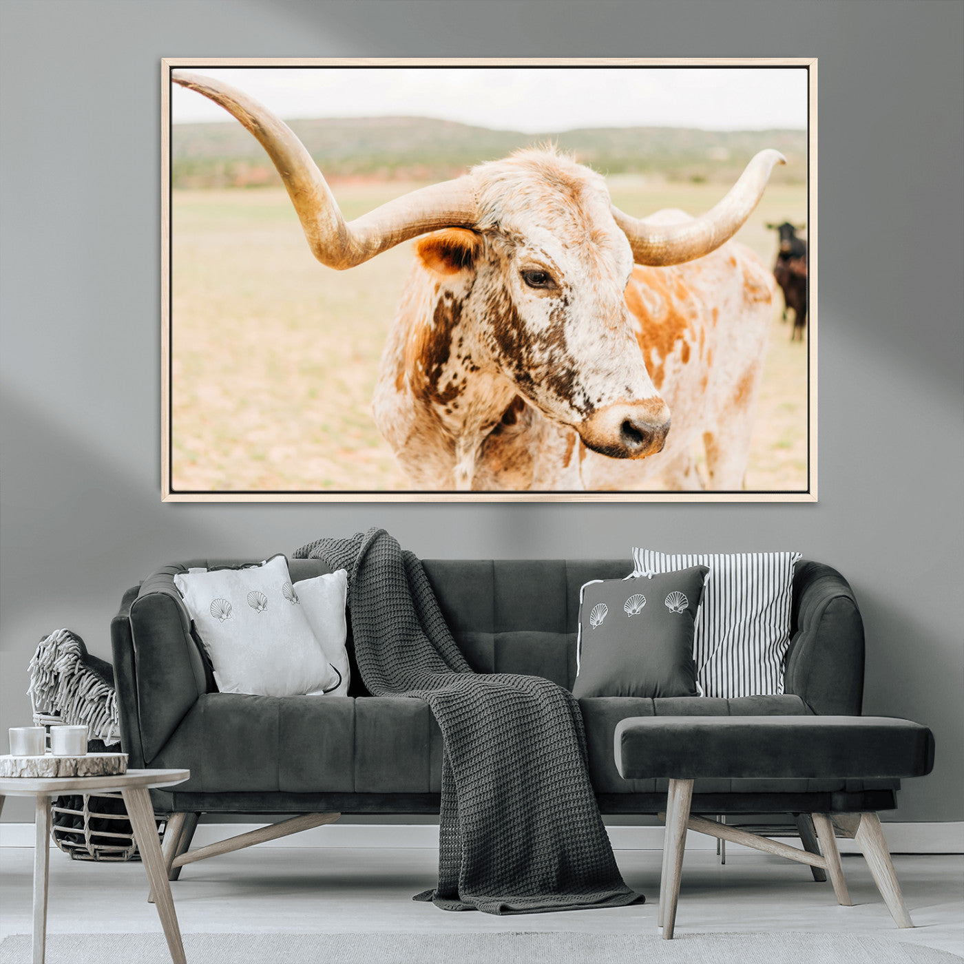 MGV-FC-36X24 - Texas Longhorn Wall Art Canvas Print, Framed Speckled Cow Art Picture Print, Rustic Bull Perfect Rustic Western Decor Artwork