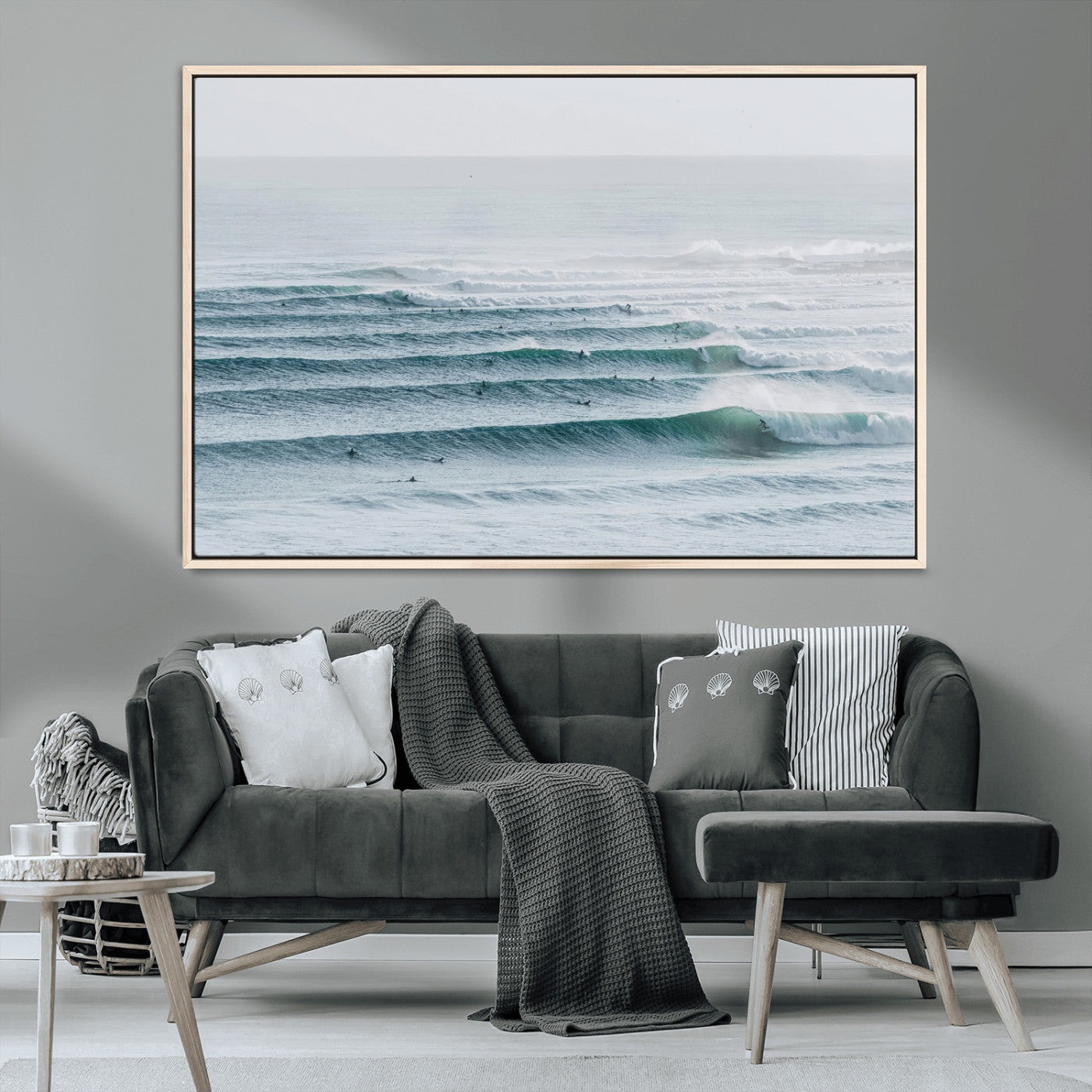 MGV-FC-36X24 - Ocean Waves Wall Art Canvas Print, Framed Surfer Lineup Art Picture Print, Crowded Ocean Perfect Minimal Coastal Decor Artwork
