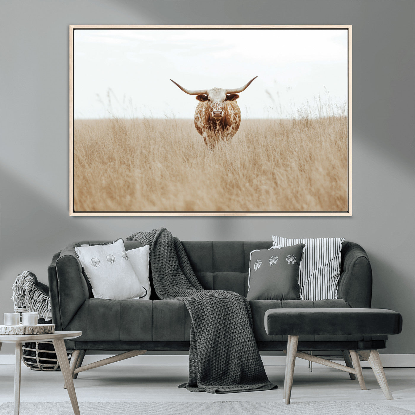 MGV-FC-36X24 - Texas Longhorn Wall Art Canvas Print, Framed Lone Cattle Art Picture Print, Longhorn Bull Perfect Rustic Western Decor Artwork