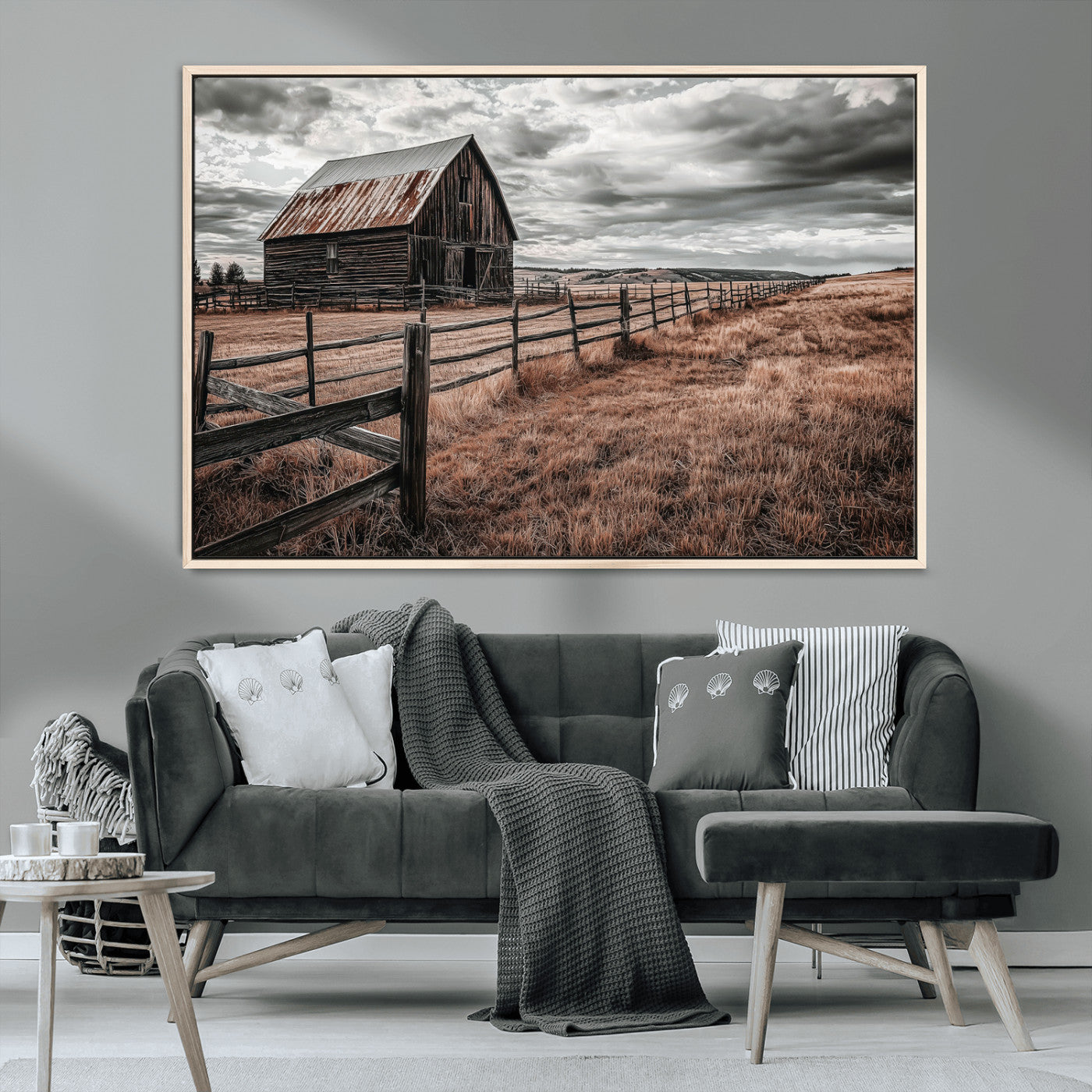 MGV-FC-36X24 - Rustic Barn Wall Art Canvas Print, Framed Moody Field Art Picture Print, Weathered Fence Perfect Moody Farmhouse Decor Artwork