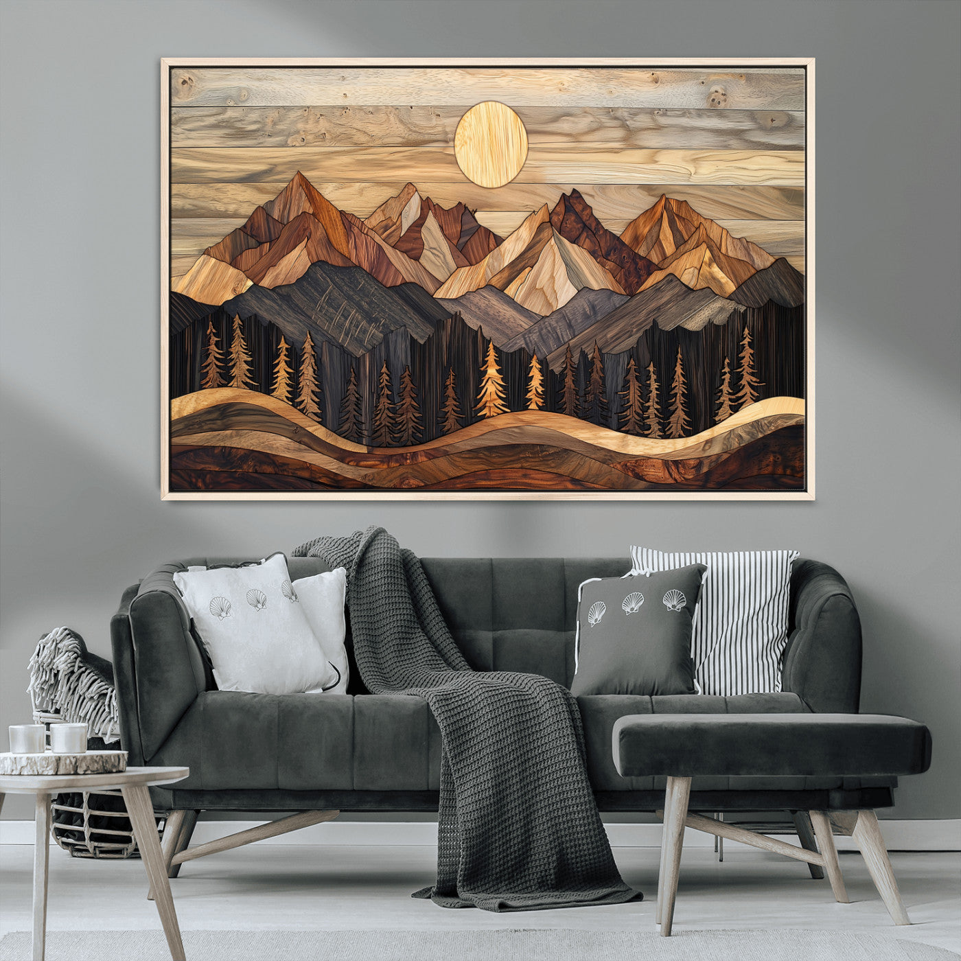 MGV-FC-36X24 - Wood Mountain Wall Art Canvas Print, Framed Boho Wood Art Picture Print, Abstract Woodland Perfect Farmhouse Decor Artwork