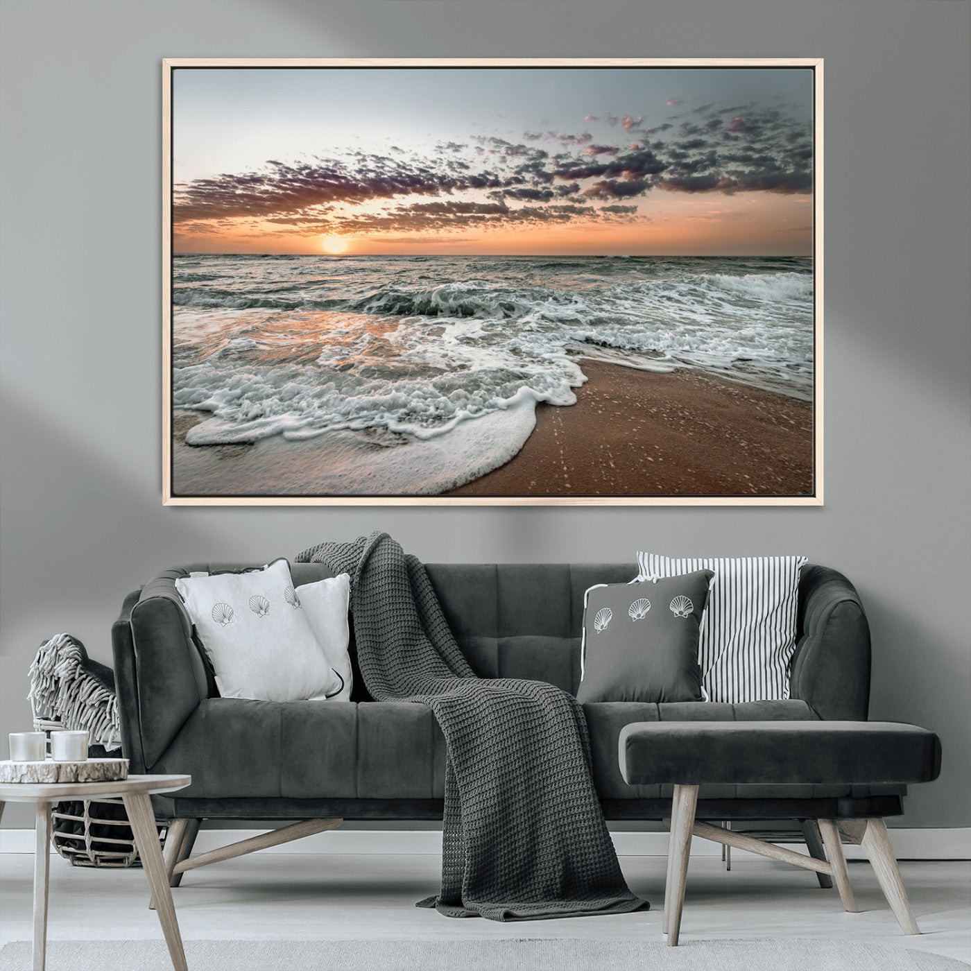 MGV-FC-36X24 - Ocean Sunset Wall Art Canvas Print, Framed Beach Waves Art Picture Print, Coastal Scene Perfect Coastal Decor Artwork