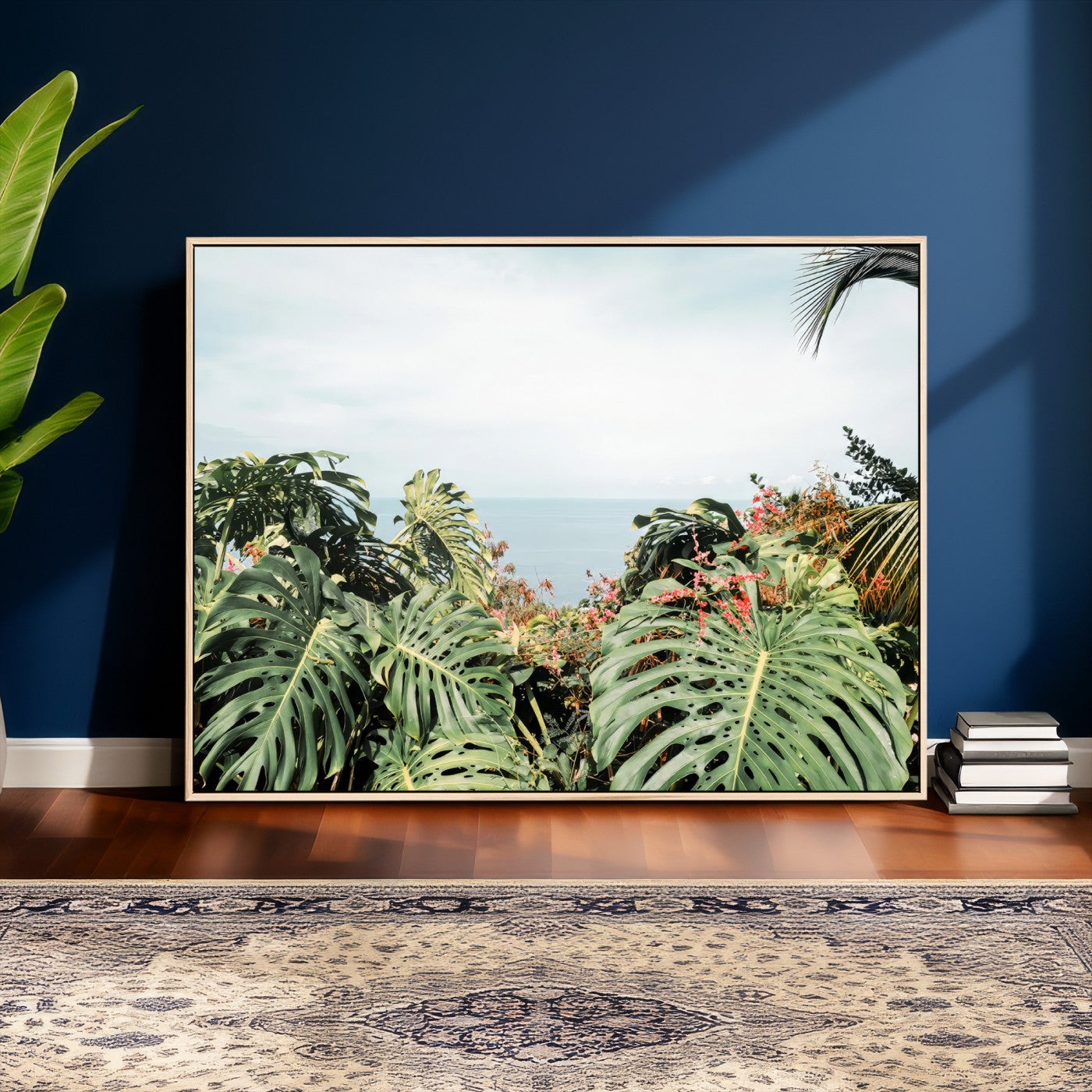 45700479-MGV-CV-36X24 - Tropical Greenery Wall Art – Exotic Leaves & Ocean View Canvas Print, Sunlit Paradise and Vibrant Nature for Living Room or Coastal Decor