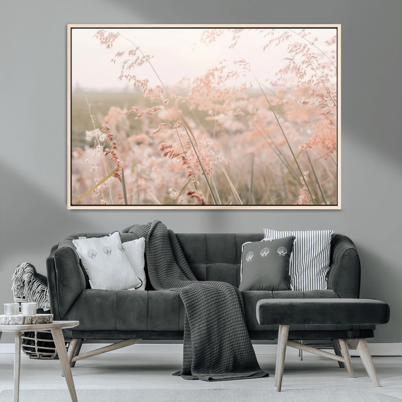 MGV-FC-36X24 - Pastel Grasses Wall Art Canvas Print, Framed Soft Meadow Art Picture Print, Field in Breeze Perfect Soft Pastel Minimal Decor Artwork