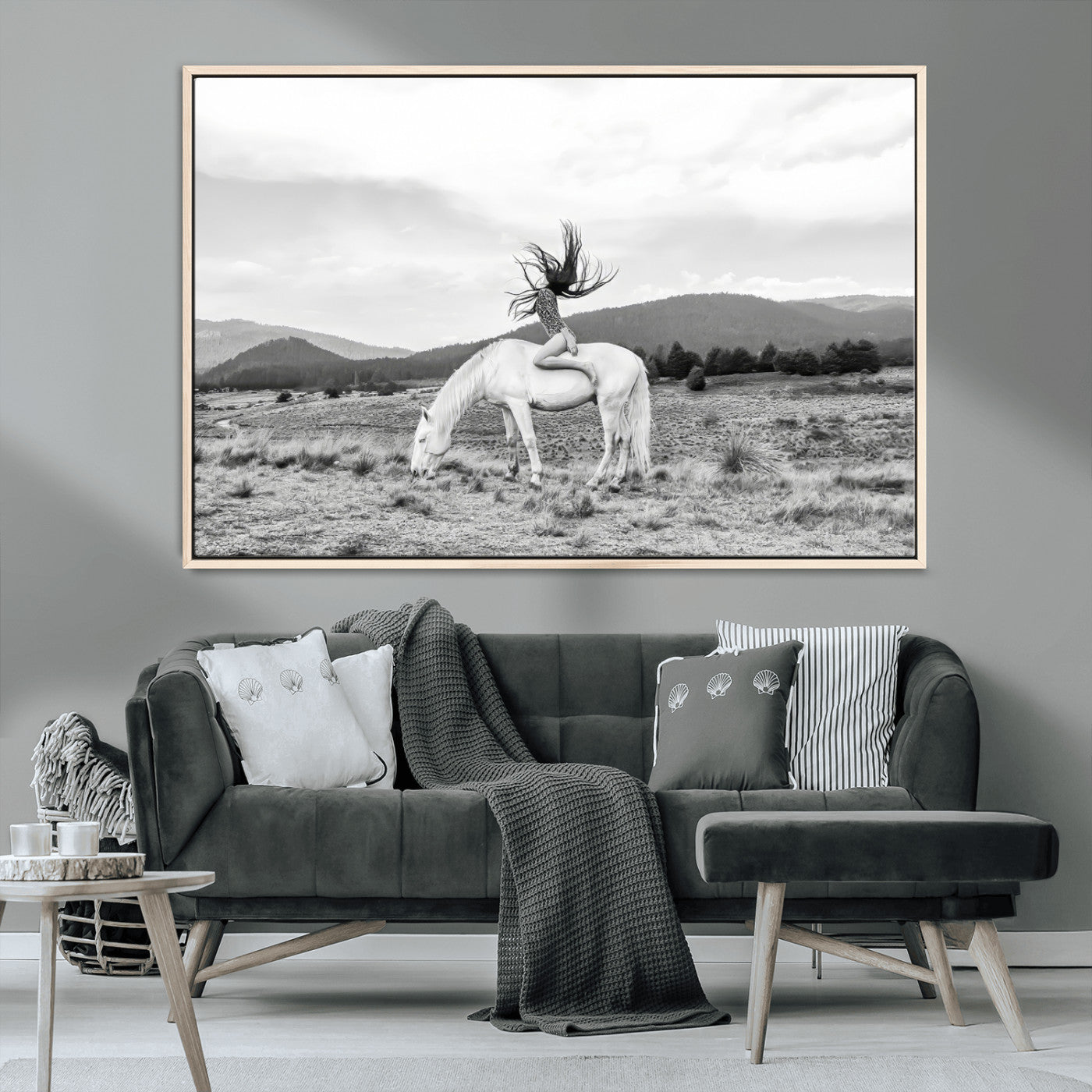 MGV-FC-36X24 - White Horse Wall Art Canvas Print, Framed Woman Rider Art Picture Print, Equestrian Pose Perfect Western Boho Decor Artwork