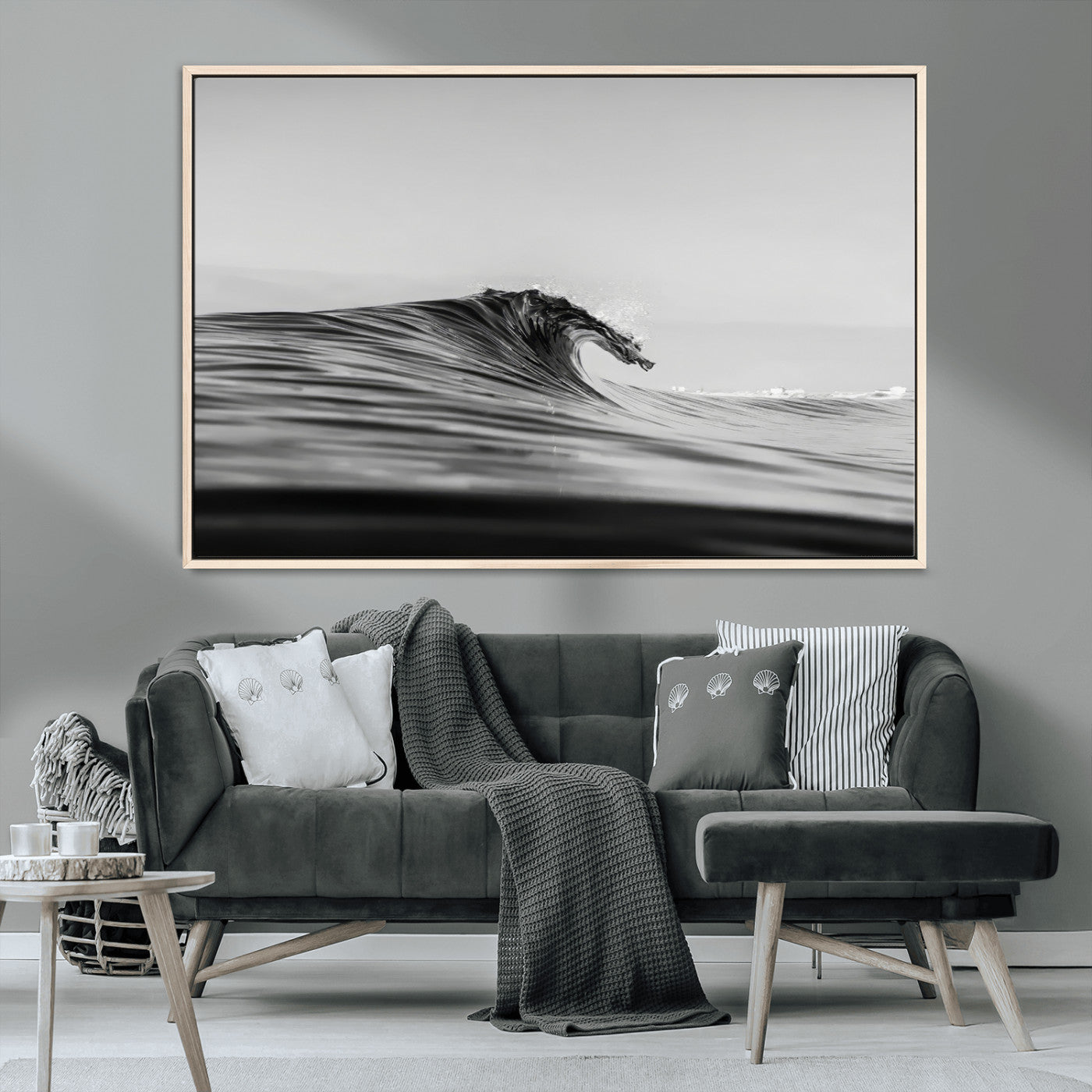 MGV-FC-36X24 - Black Wave Wall Art Canvas Print, Framed Abstract Surf Art Picture Print, Minimalist Ocean Perfect Minimalist Coastal Decor Artwork