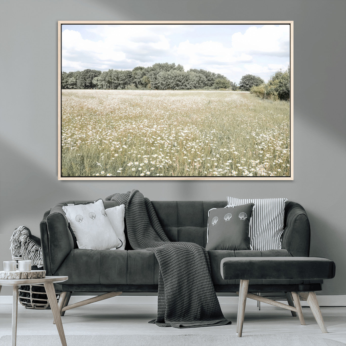 MGV-FC-36X24 - Charming Daisy Field Wall Art Canvas Print, Framed Pastel Flower Art Picture Print, Meadow Bloom Perfect Scandinavian Minimalist Decor Artwork