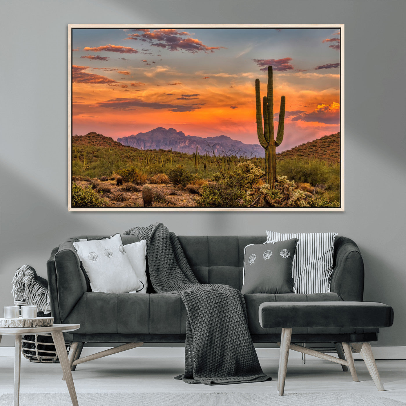 MGV-FC-36X24 - Saguaro Cactus Wall Art Canvas Print, Framed Arizona Sunset Art Picture Print, Sonoran Desert Perfect Southwestern Boho Decor Artwork