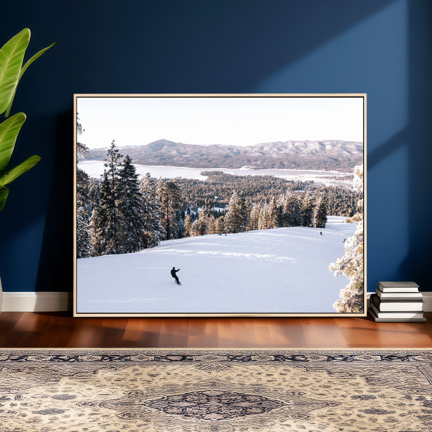 79857868-MGV-CV-36X24 - Snowboarder Wall Art – Winter Slope Canvas Print, Pine Forest, Snow-Covered Mountains, Outdoor Adventure for Living Room or Cabin Decor