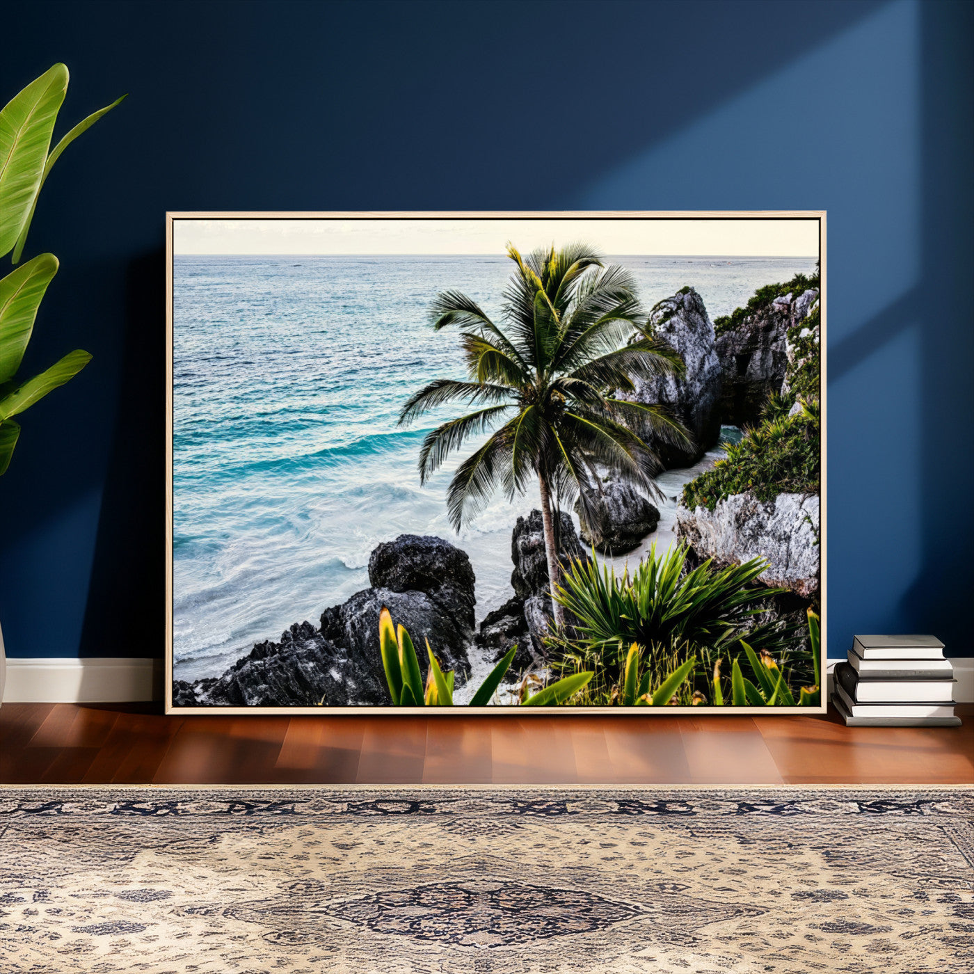 94669907-MGV-CV-36X24 - Tropical Palm Wall Art – Coastal Rocks Canvas Print, Ocean Breeze, Sandy Shore, Vibrant Green Foliage for Living Room or Beach House Decor