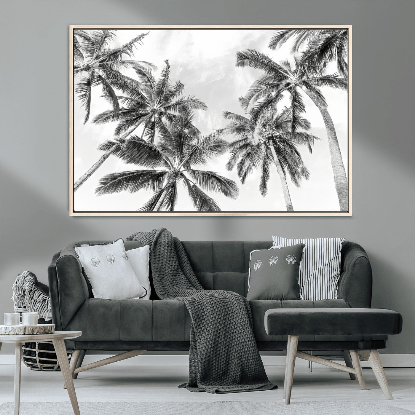 MGV-FC-36X24 - Black White Palm Wall Art Canvas Print, Framed Monochrome Tropics Art Picture Print, Minimalist Beach Perfect Coastal Minimalist Decor Artwork