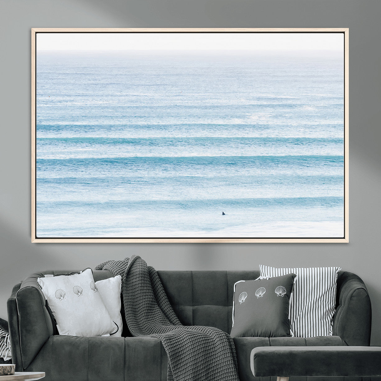 77145995-MGV-CV-36X24-Ocean Wave Surfer Wall Art – Framed Minimal Seascape Canvas Artwork, Calm Blue Water Design, Coastal Decor for Home, Office