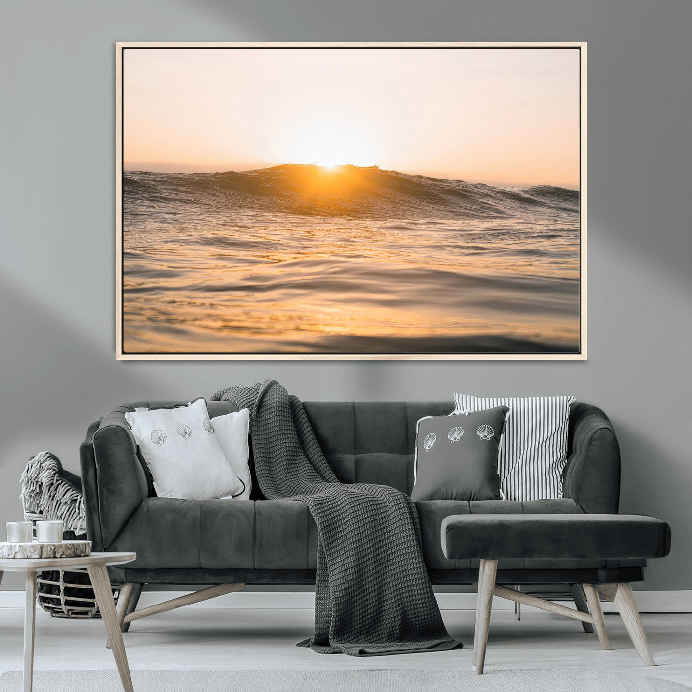 MGV-FC-36X24 - Calm Water Wall Art Canvas Print, Framed Sunset Waves Art Picture Print, Coastal Warmth Perfect Warm Minimalist Decor Artwork
