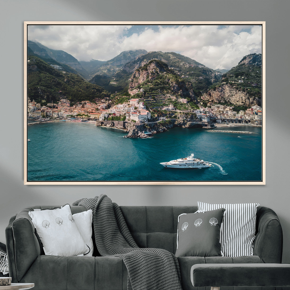 20321590-MGV-CV-36X24-Amalfi Coast Wall Art – Framed Italian Seaside Canvas Artwork, Mediterranean Landscape Design, Coastal Decor for Home, Office
