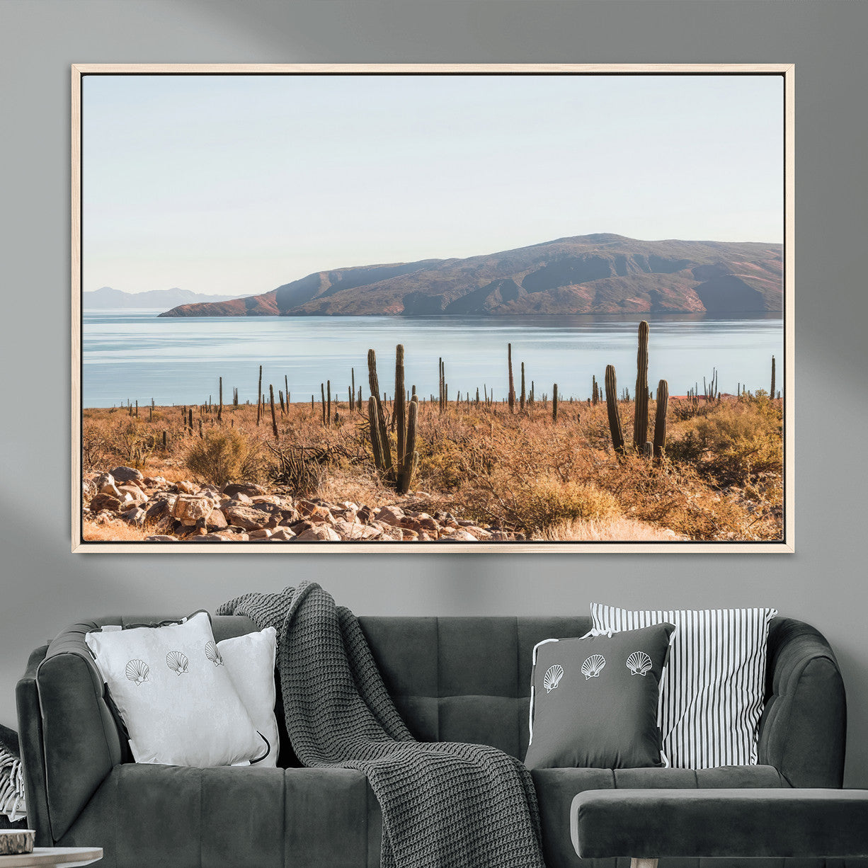 MGV-FC-36X24 - Desert Cactus Wall Art Canvas Print, Framed Baja Coastline Art Picture Print, Coastal Desert Perfect Southwestern Minimalist Decor Artwork
