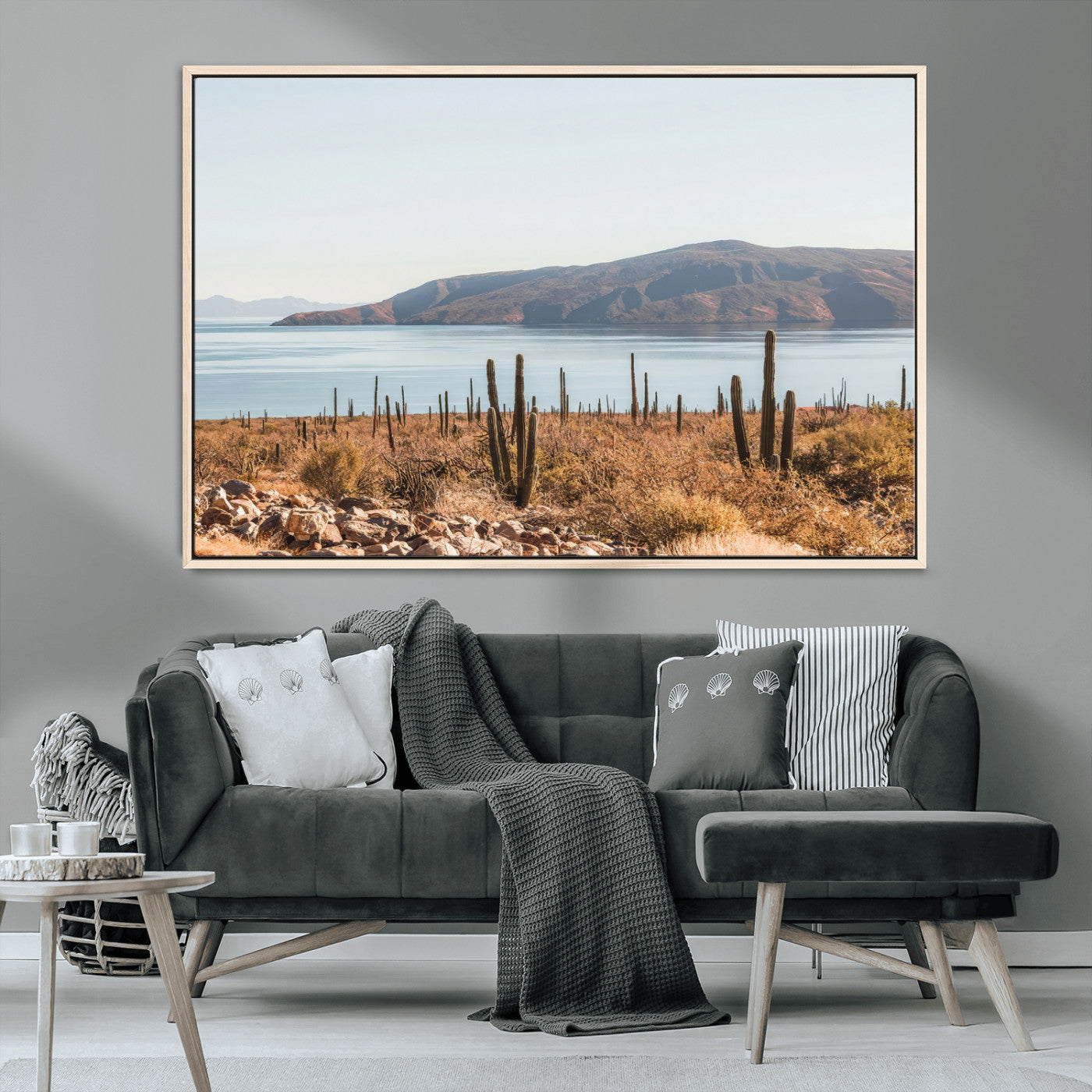 MGV-FC-36X24 - Desert Cactus Wall Art Canvas Print, Framed Baja Coastline Art Picture Print, Coastal Desert Perfect Southwestern Minimalist Decor Artwork