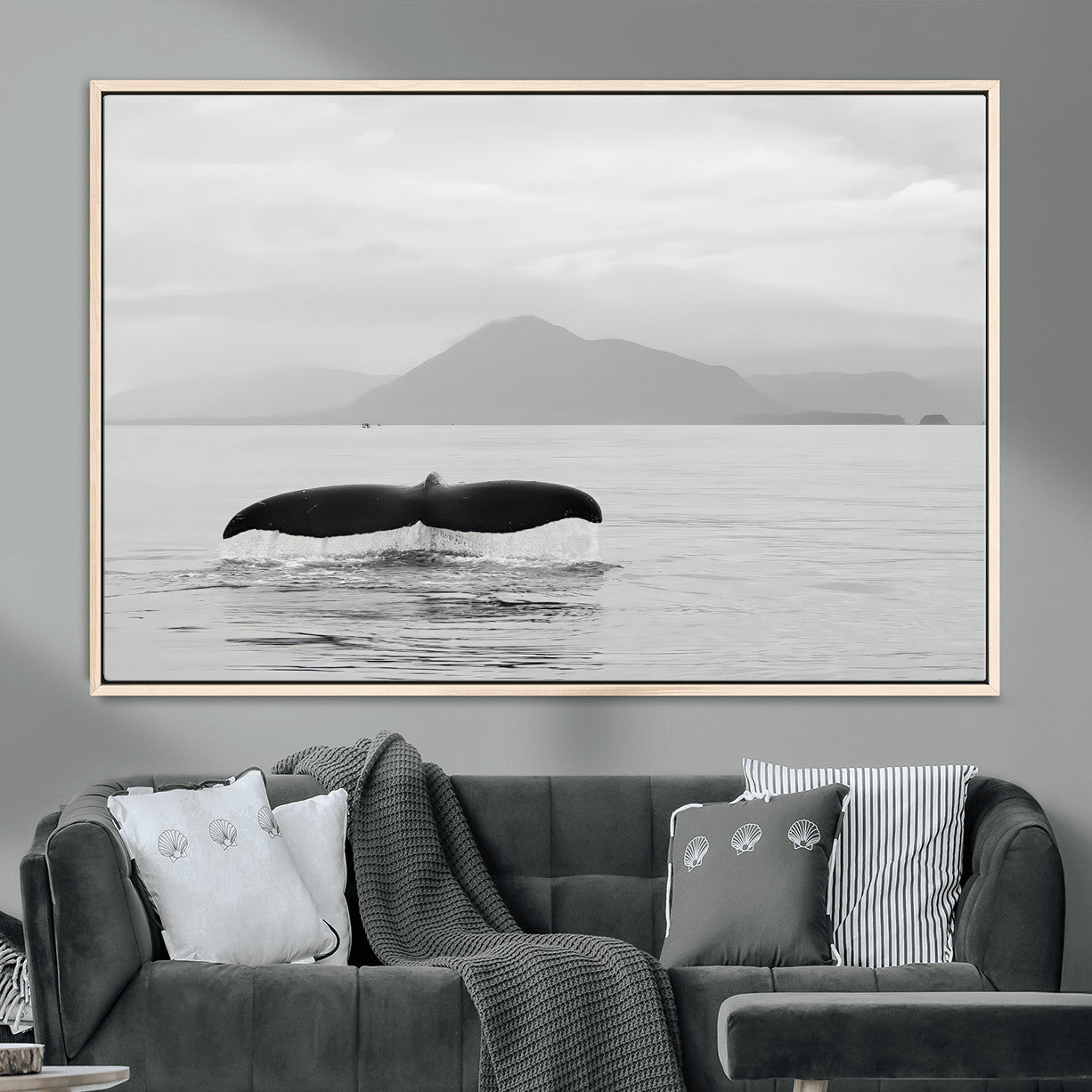 MGV-FC-36X24 - Whale Tail Wall Art Canvas Print, Framed Black White Ocean Art Picture Print, Calm Marine Perfect Minimalist Coastal Decor Artwork