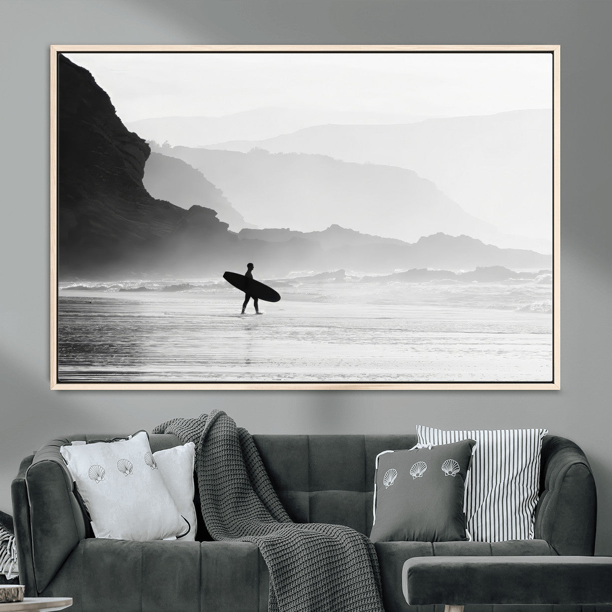 MGV-FC-36X24 - Surfer In Fog Wall Art Canvas Print, Framed Moody Shoreline Art Picture Print, Cliffside Waves Perfect Minimalist Coastal Decor Artwork