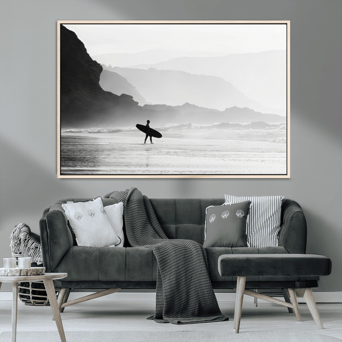 MGV-FC-36X24 - Surfer In Fog Wall Art Canvas Print, Framed Moody Shoreline Art Picture Print, Cliffside Waves Perfect Minimalist Coastal Decor Artwork