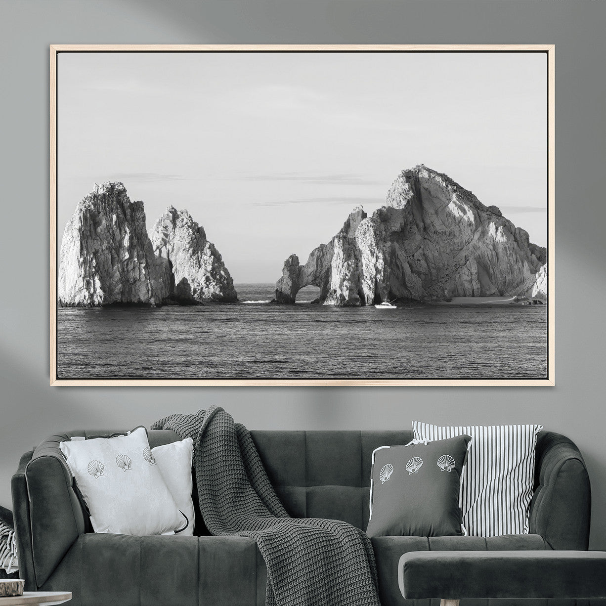 MGV-FC-36X24 - Rugged Coastline Wall Art Canvas Print, Framed Ocean Cliffs Art Picture Print, Monochrome Seascape Perfect Coastal Minimalist Decor Artwork