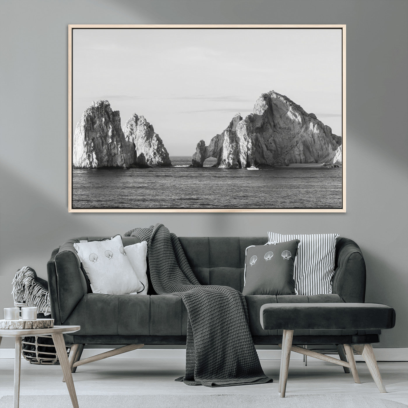 MGV-FC-36X24 - Rugged Coastline Wall Art Canvas Print, Framed Ocean Cliffs Art Picture Print, Monochrome Seascape Perfect Coastal Minimalist Decor Artwork