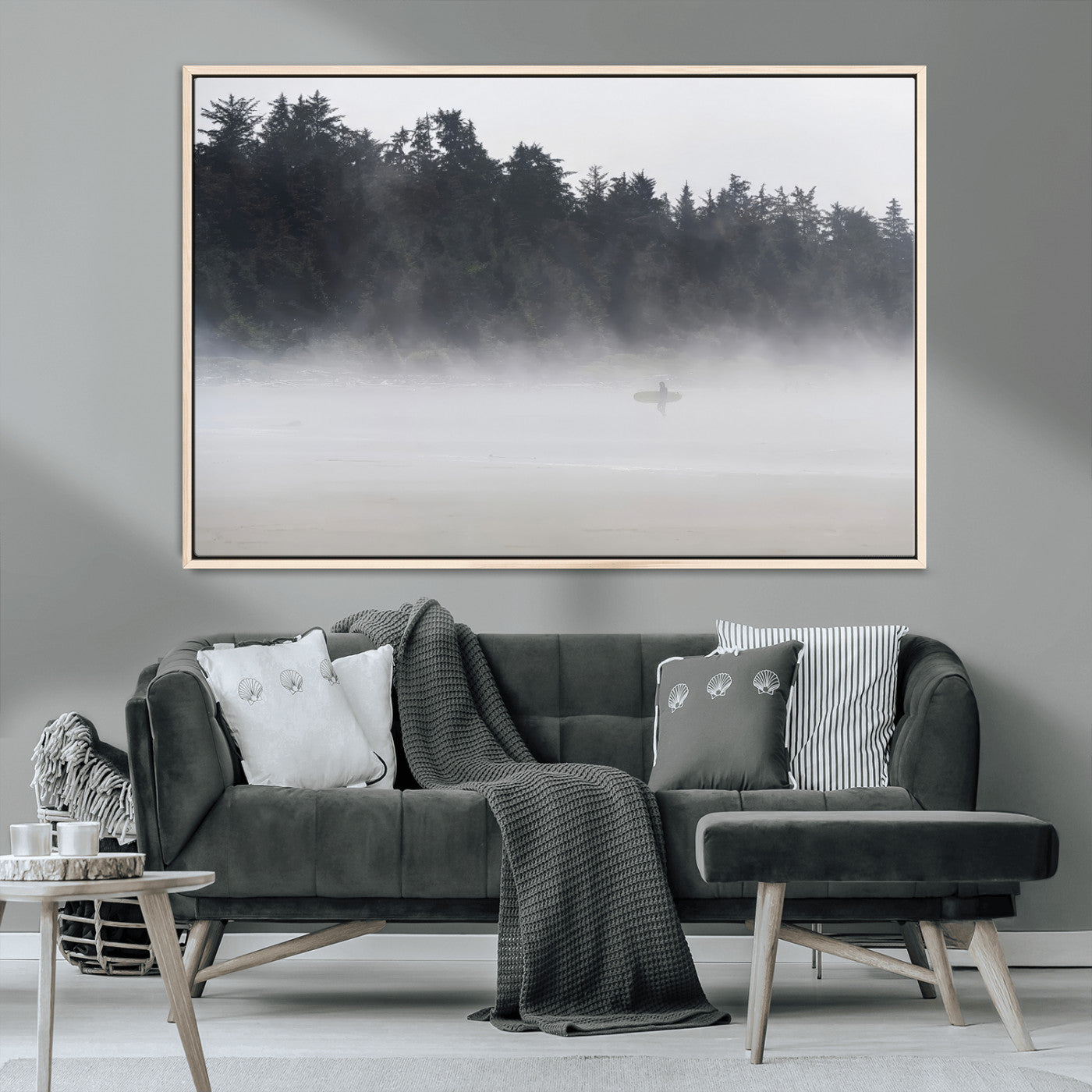 MGV-FC-36X24 - Surfer in Fog Wall Art Canvas Print, Framed Foggy Beach Art Picture Print, Coastal Surf Perfect Moody Coastal Decor Artwork