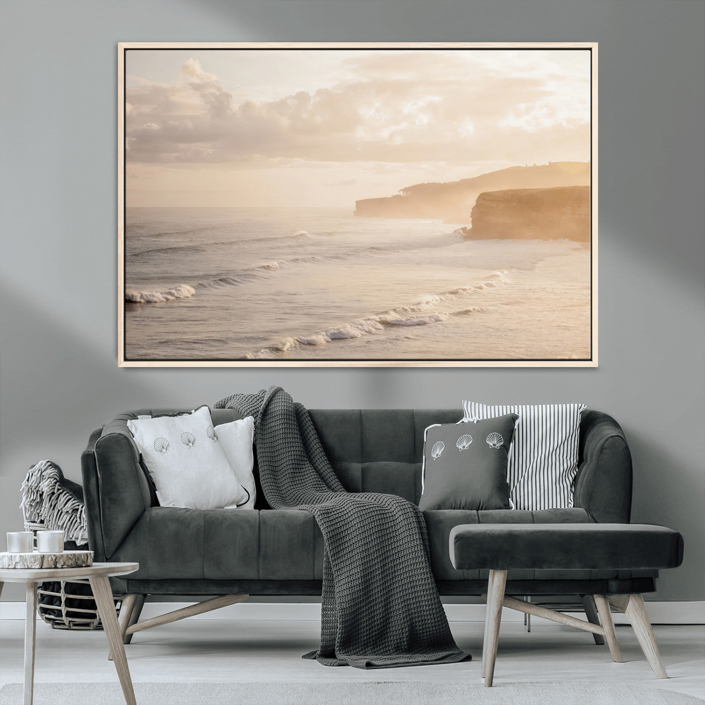 MGV-FC-36X24 - Misty Coastal Wall Art Canvas Print, Framed Golden Sunset Art Picture Print, Serene Shoreline Perfect Tranquil Coastal Decor Artwork