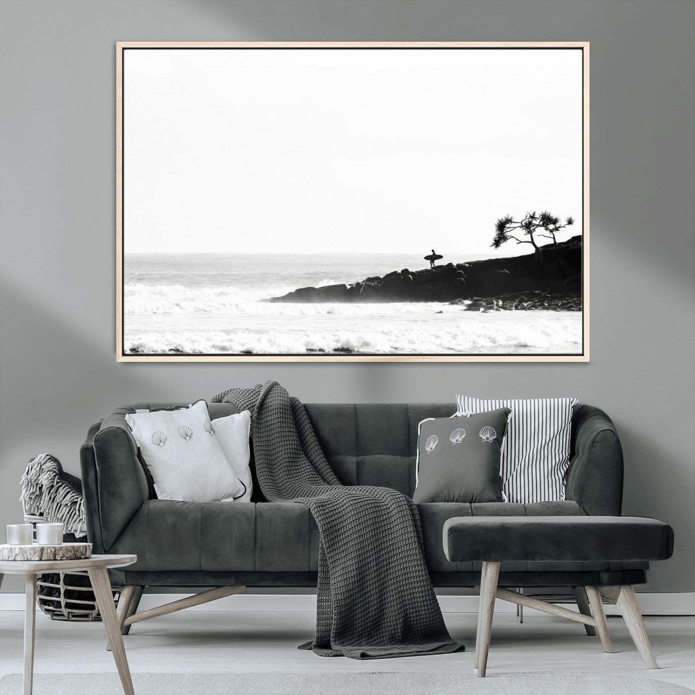 MGV-FC-36X24 - SurferCliffs Wall Art Canvas Print, Framed Black White Beach Art Picture Print, Ocean Waves Perfect Minimalist Coastal Decor Artwork