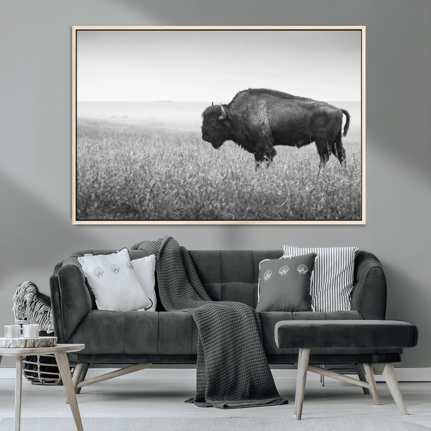 MGV-FC-36X24 - Bison In Prairie Wall Art Canvas Print, Framed Rustic Wildlife Art Picture Print, Wild Buffalo Perfect Rustic Western Decor Artwork