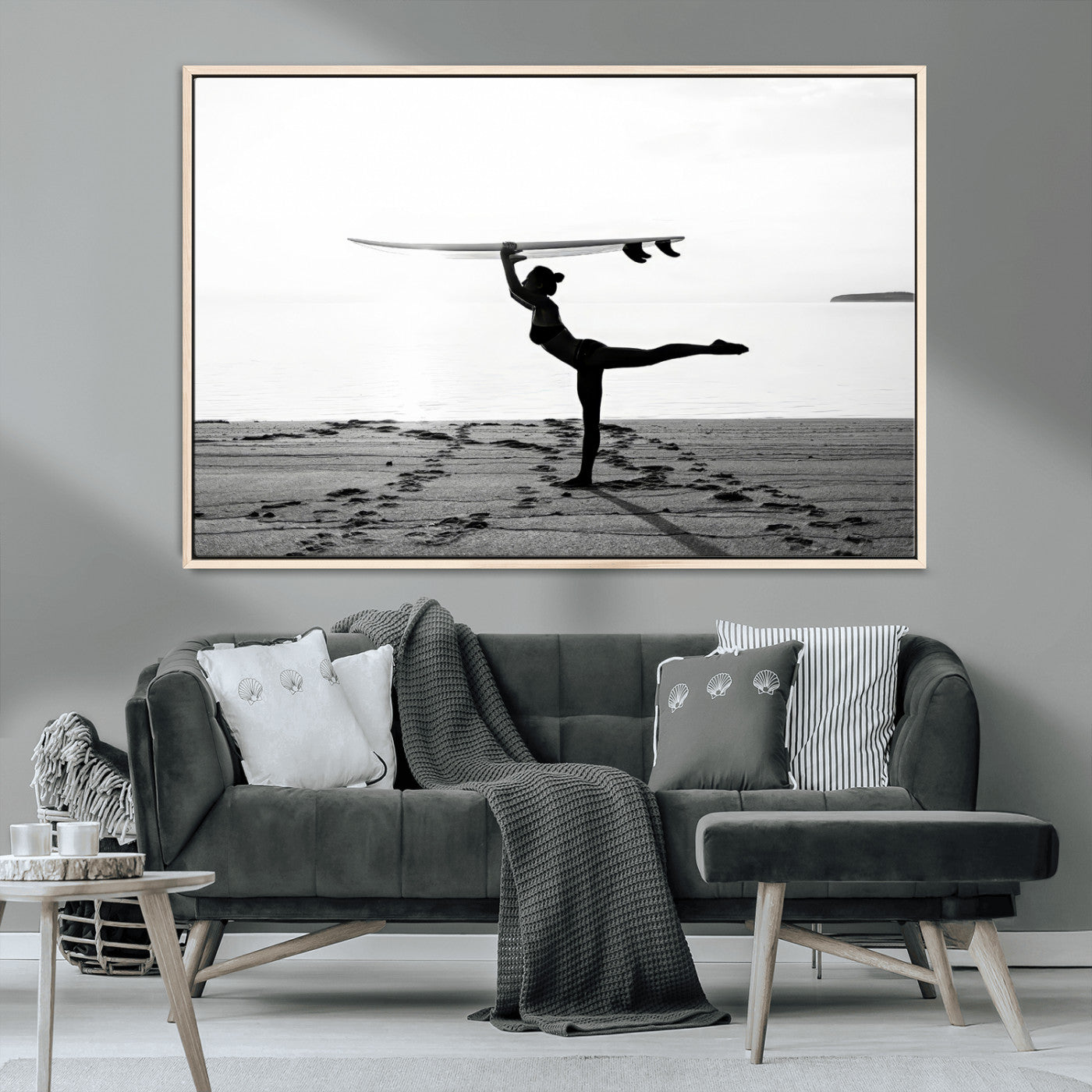 MGV-FC-36X24 - Yoga Surf Wall Art Canvas Print, Framed Black White Shore Art Picture Print, Peaceful Ocean Perfect Minimalist Coastal Decor Artwork