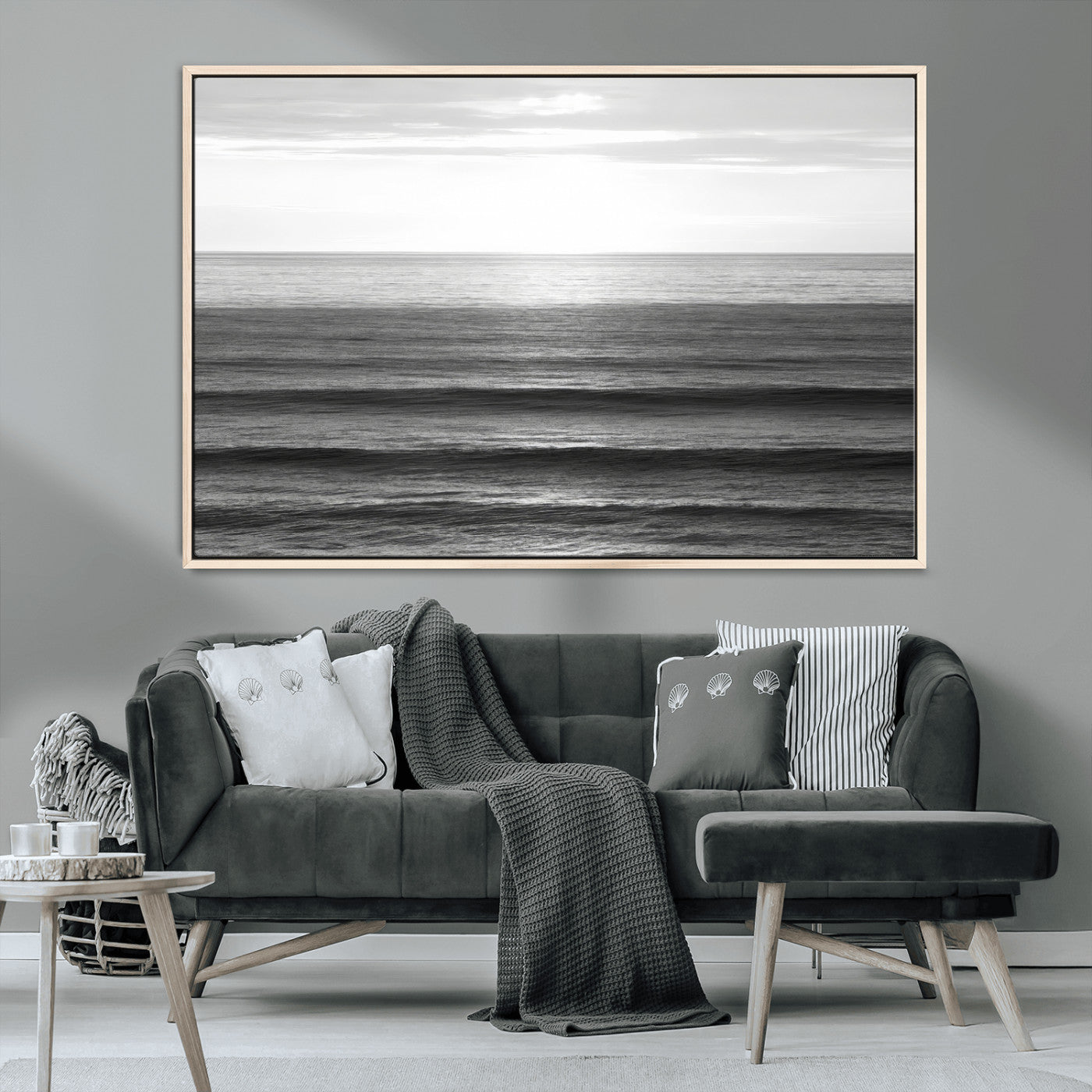 MGV-FC-36X24 - Monochrome Ocean Wall Art Canvas Print, Framed Moody Ocean Art Picture Print, Calm Ocean Perfect Minimalist Coastal Decor Artwork