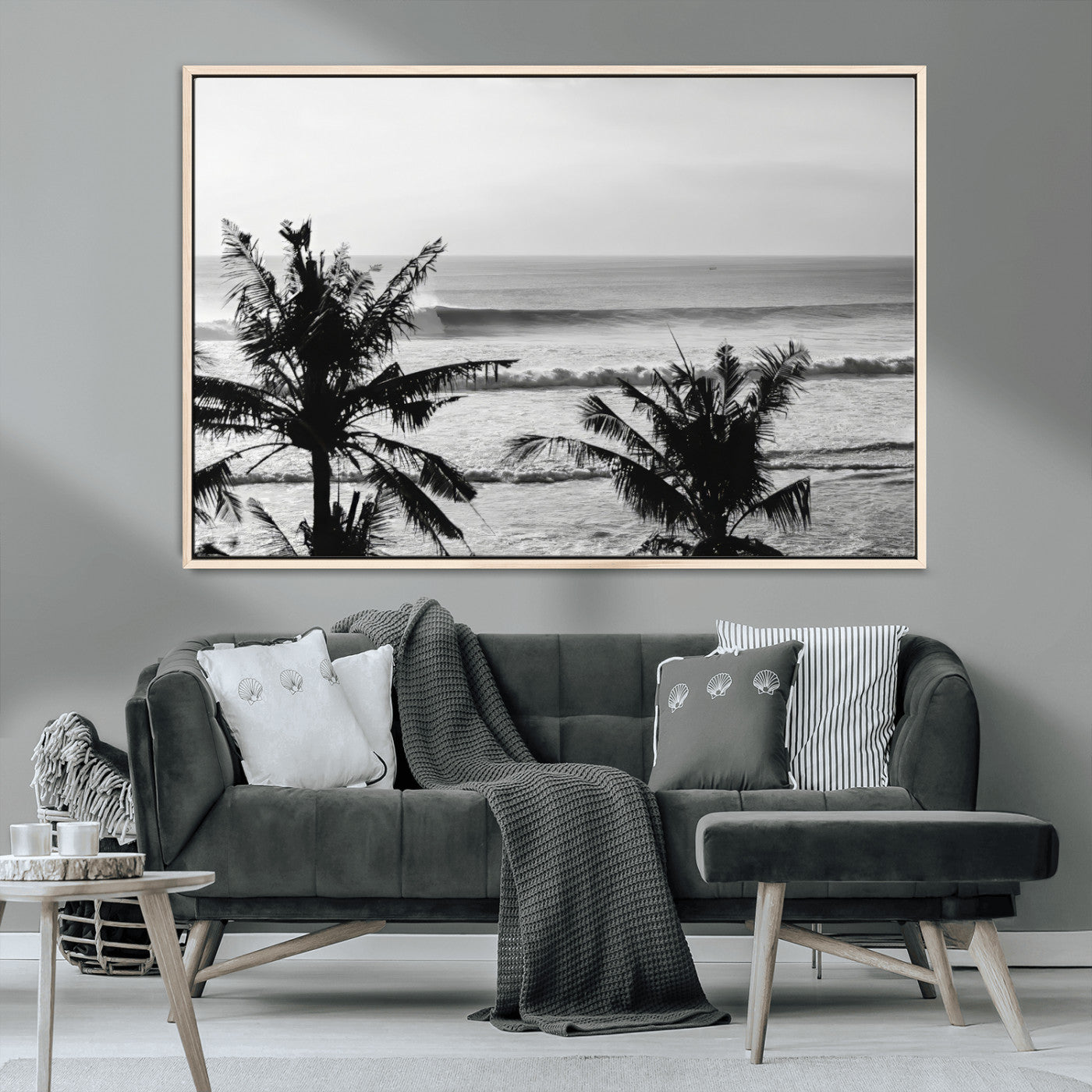 MGV-FC-36X24 - Tropical Coastline Wall Art Canvas Print, Framed Palm Trees Art Picture Print, Ocean Waves Perfect Minimalist Coastal Decor Artwork