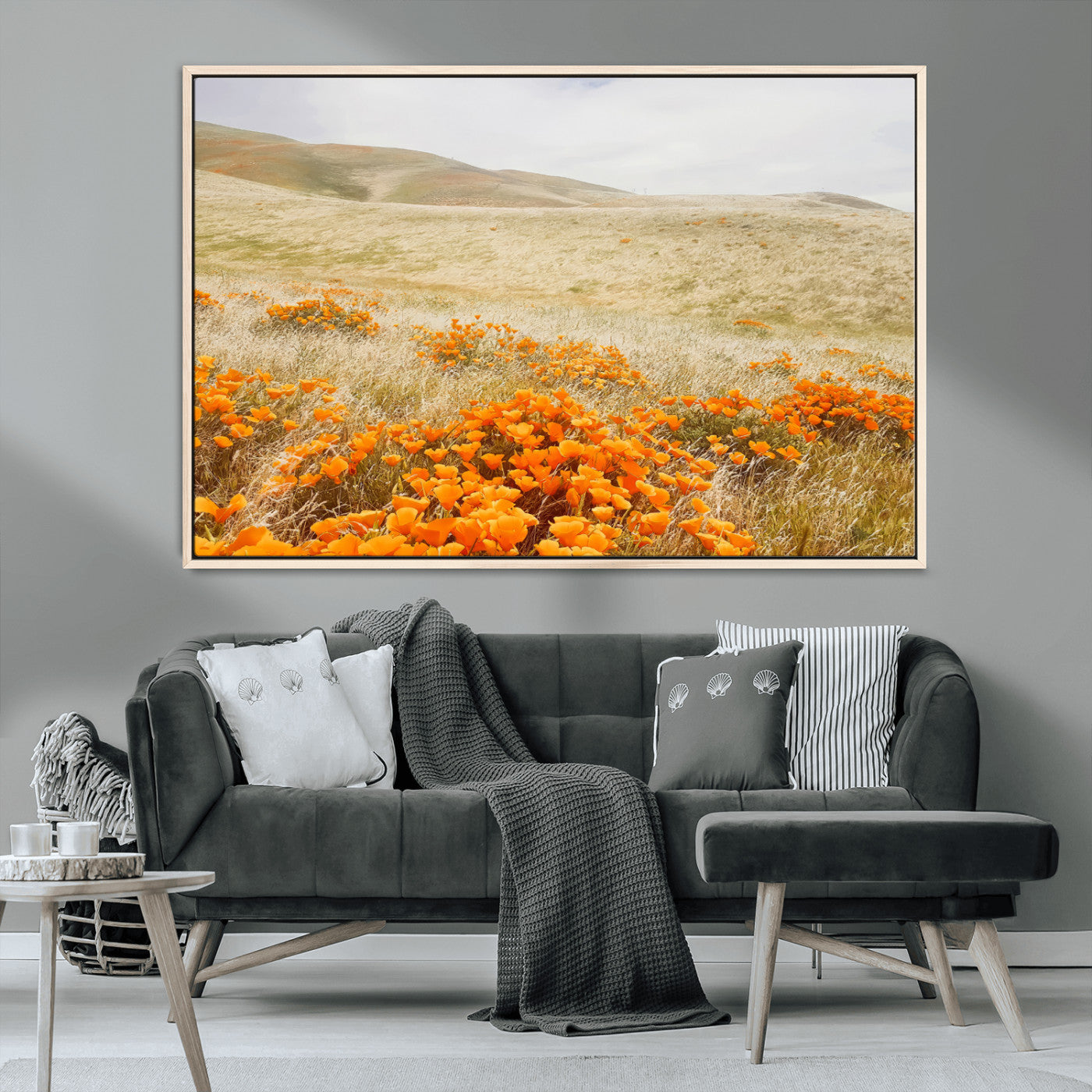 MGV-FC-36X24 - Golden Wildflowers Wall Art Canvas Print, Framed Hills Bloom Art Picture Print, Poppy Meadow Perfect Rustic Nature Decor Artwork