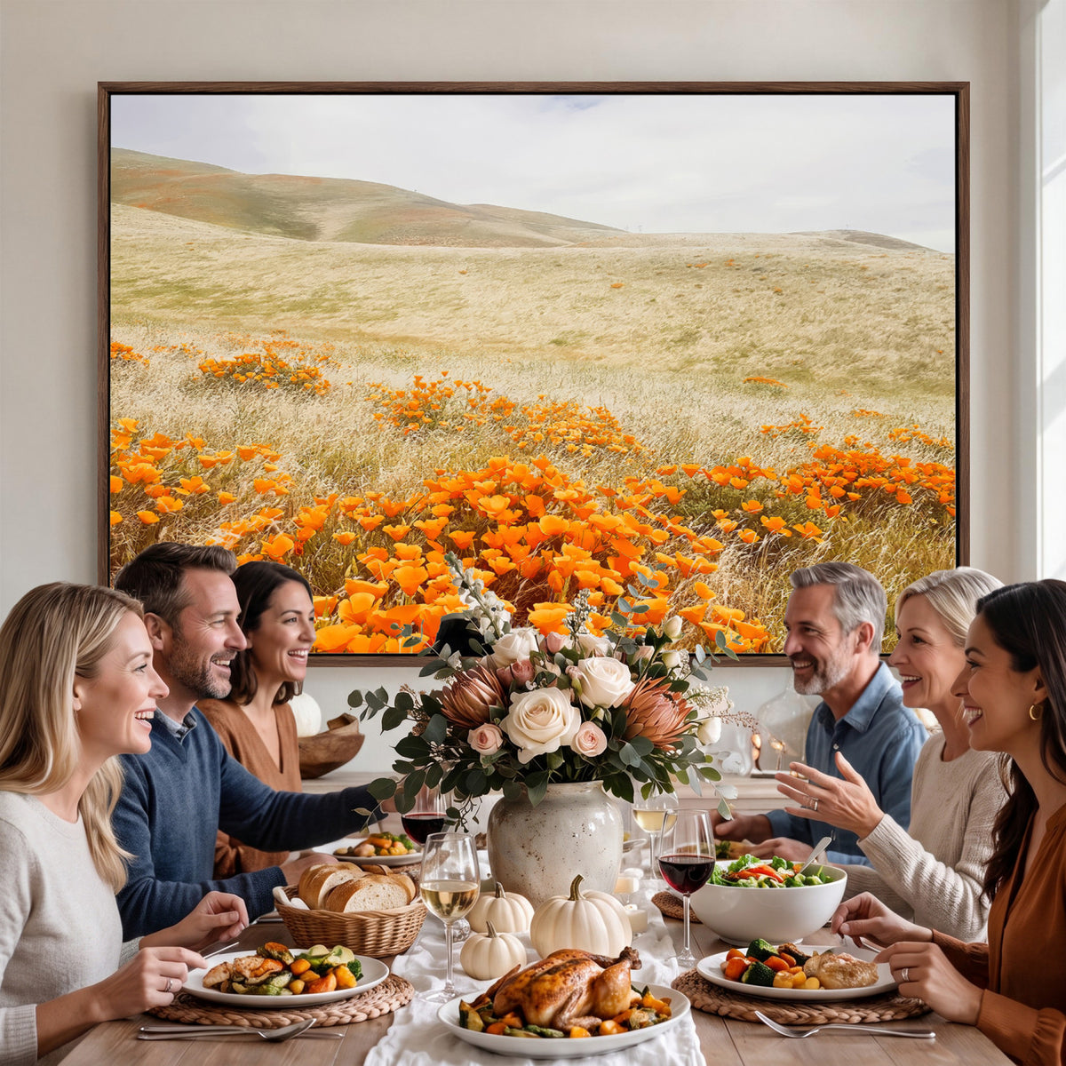 28972262-_Poster-30x20 - Golden Wildflowers Wall Art Canvas Print, Framed Hills and Poppy Meadow Scene