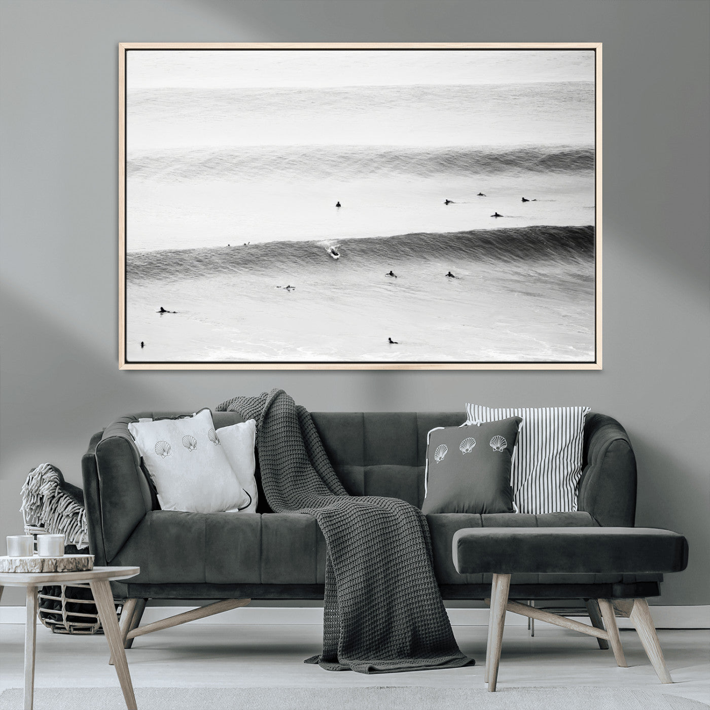 MGV-FC-36X24 - Black White Ocean Wall Art Canvas Print, Framed Coastal Sport Art Picture Print, Ocean Culture Perfect Minimalist Coastal Decor Artwork