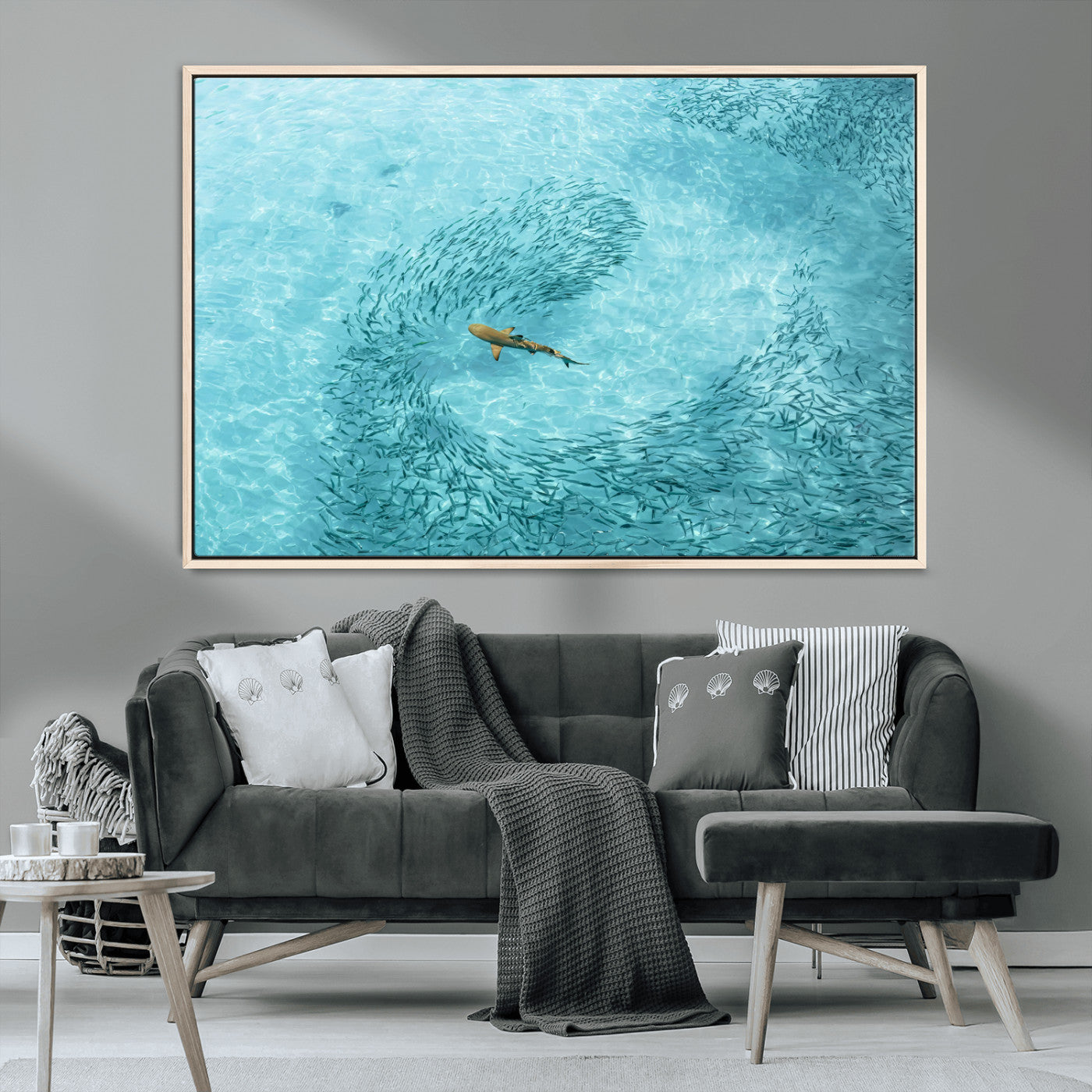 MGV-FC-36X24 - Fish Swarm Wall Art Canvas Print, Framed Marine Life Art Picture Print, Shark Aerial Perfect Wildlife Coastal Decor Artwork