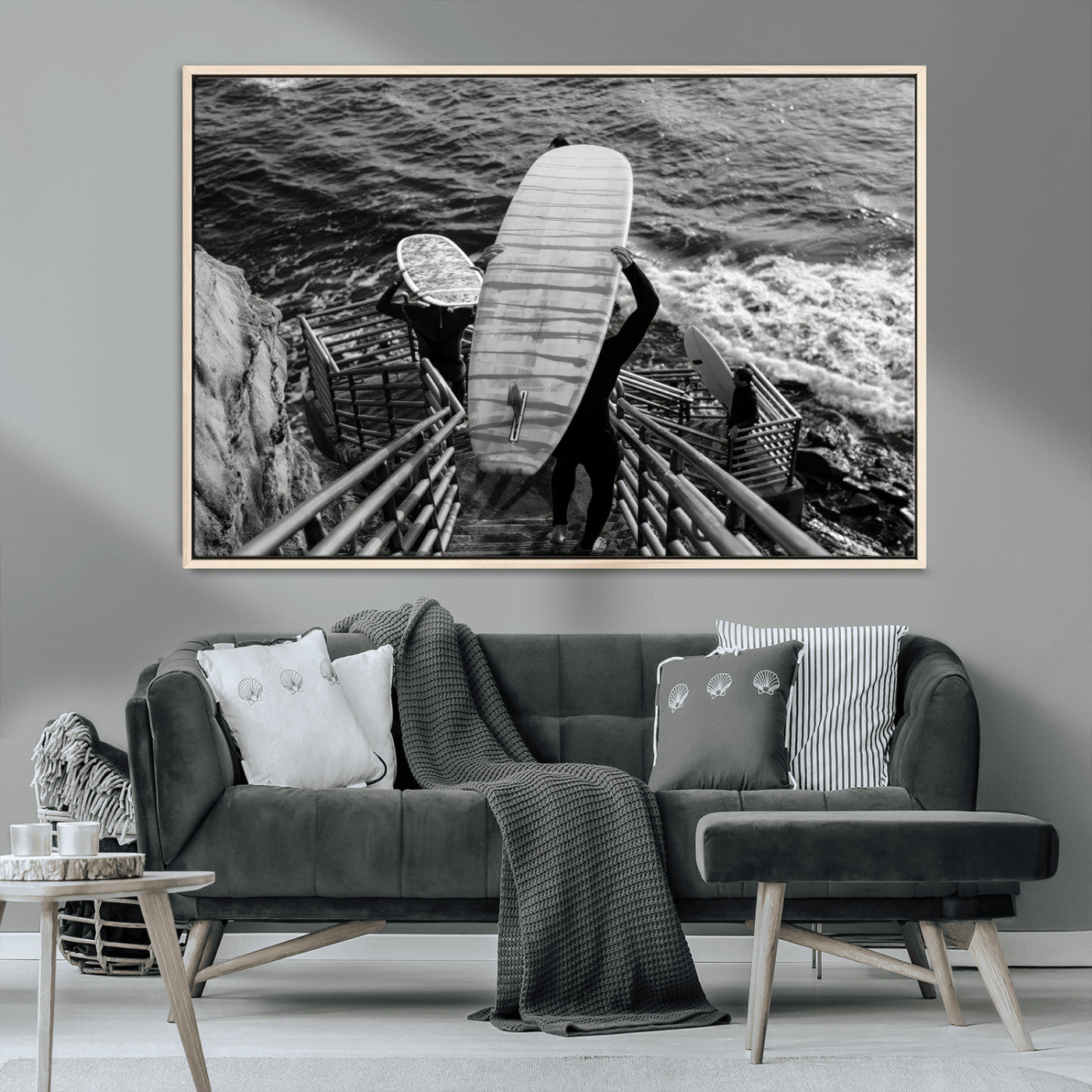 MGV-FC-36X24 - Black White Surfing Wall Art Canvas Print, Framed Coastal Surfing Art Picture Print, Wave Riders Perfect Coastal Adventure Decor Artwork