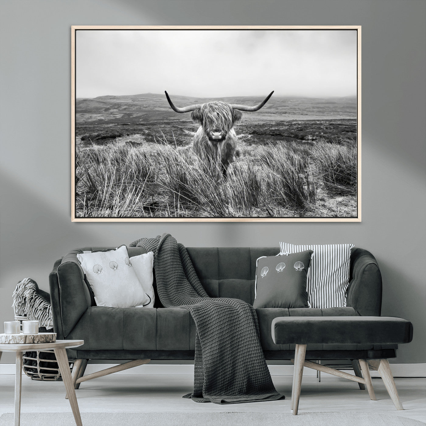 MGV-FC-36X24 - Monochrome Highland Cow Wall Art Canvas Print, Framed Scottish Bull Art Picture Print, Lone Cattle Perfect Rustic Farmhouse Decor Artwork