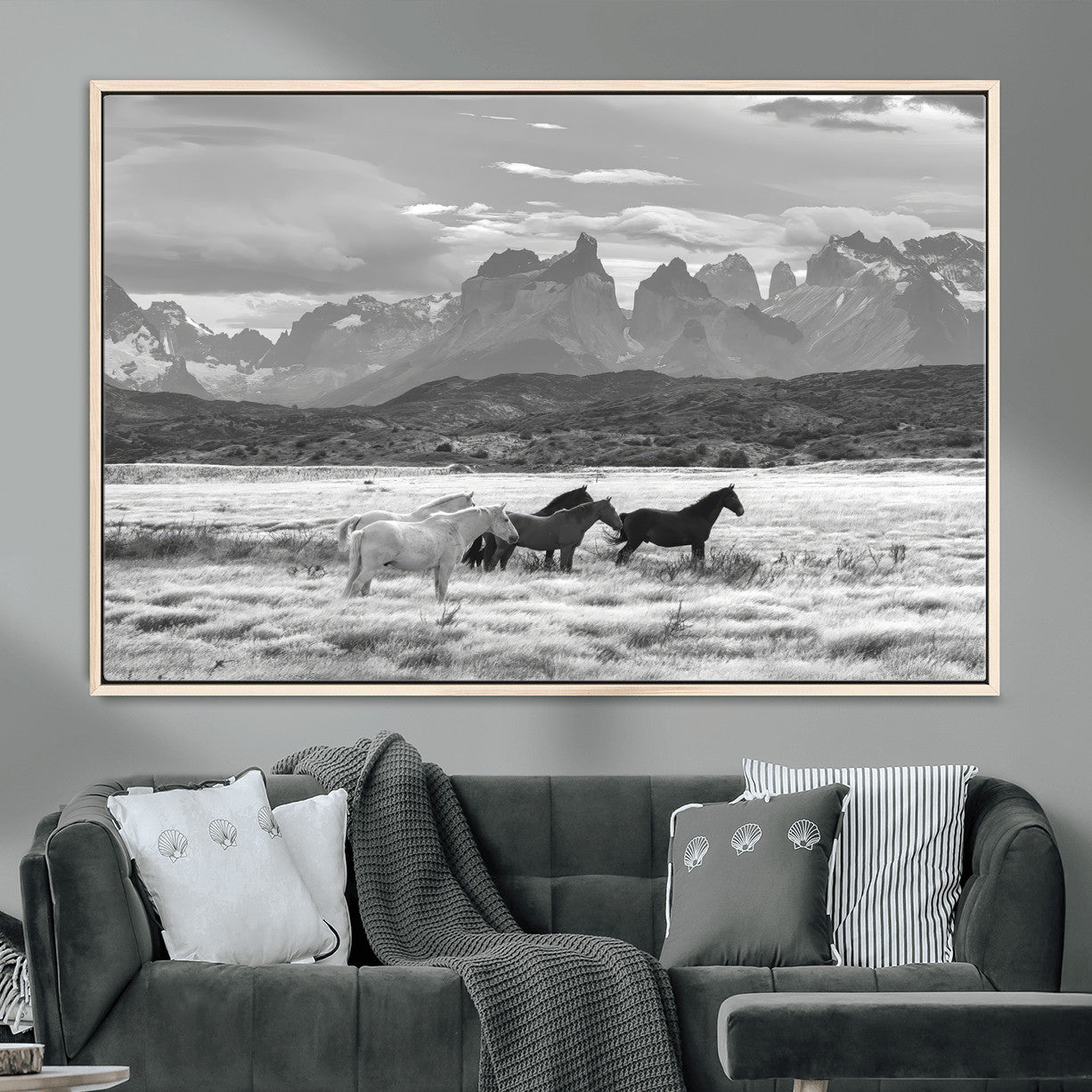 MGV-FC-36X24 - Wild Horses Wall Art Canvas Print, Framed Black White Mountains Art Picture Print, Rustic Countryside Perfect Rustic Western Decor Artwork