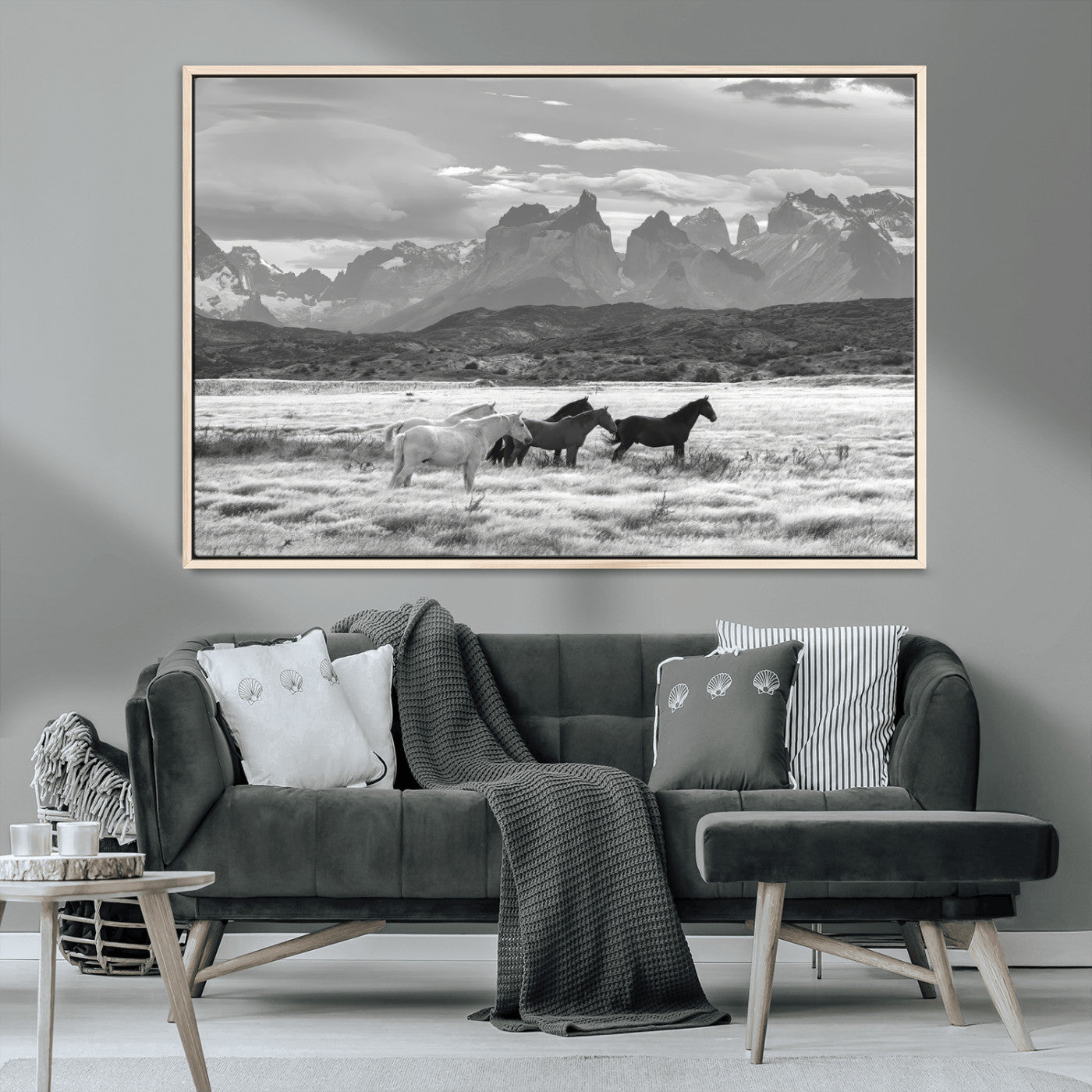 MGV-FC-36X24 - Wild Horses Wall Art Canvas Print, Framed Black White Mountains Art Picture Print, Rustic Countryside Perfect Rustic Western Decor Artwork