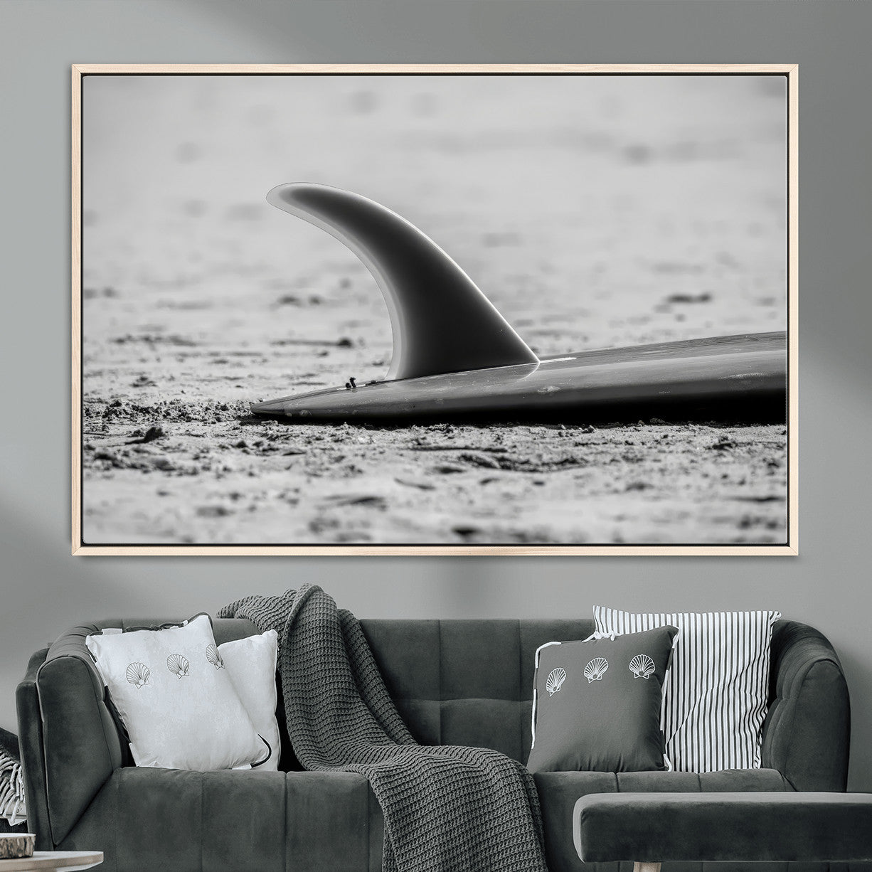 MGV-FC-36X24 - Black White Surfboard Wall Art Canvas Print, Framed Minimalist Beach Art Picture Print, Surf Fin Perfect Minimalist Coastal Decor Artwork