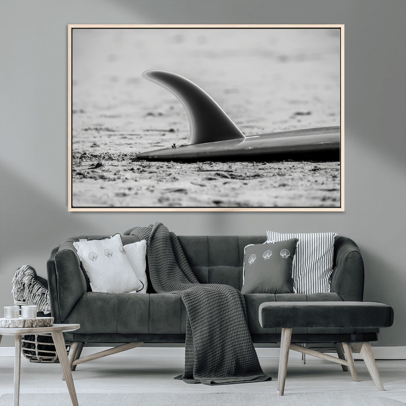 MGV-FC-36X24 - Black White Surfboard Wall Art Canvas Print, Framed Minimalist Beach Art Picture Print, Surf Fin Perfect Minimalist Coastal Decor Artwork