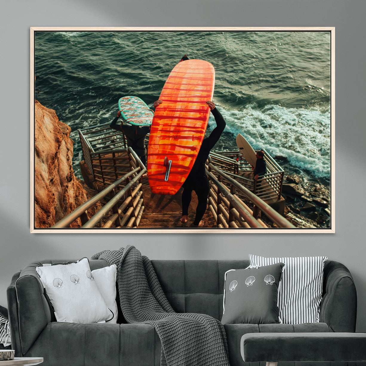 MGV-FC-36X24 - Surfer Stairway Wall Art Canvas Print, Framed Ocean Surf Art Picture Print, Sunset Coastal Perfect Coastal Adventure Decor Artwork