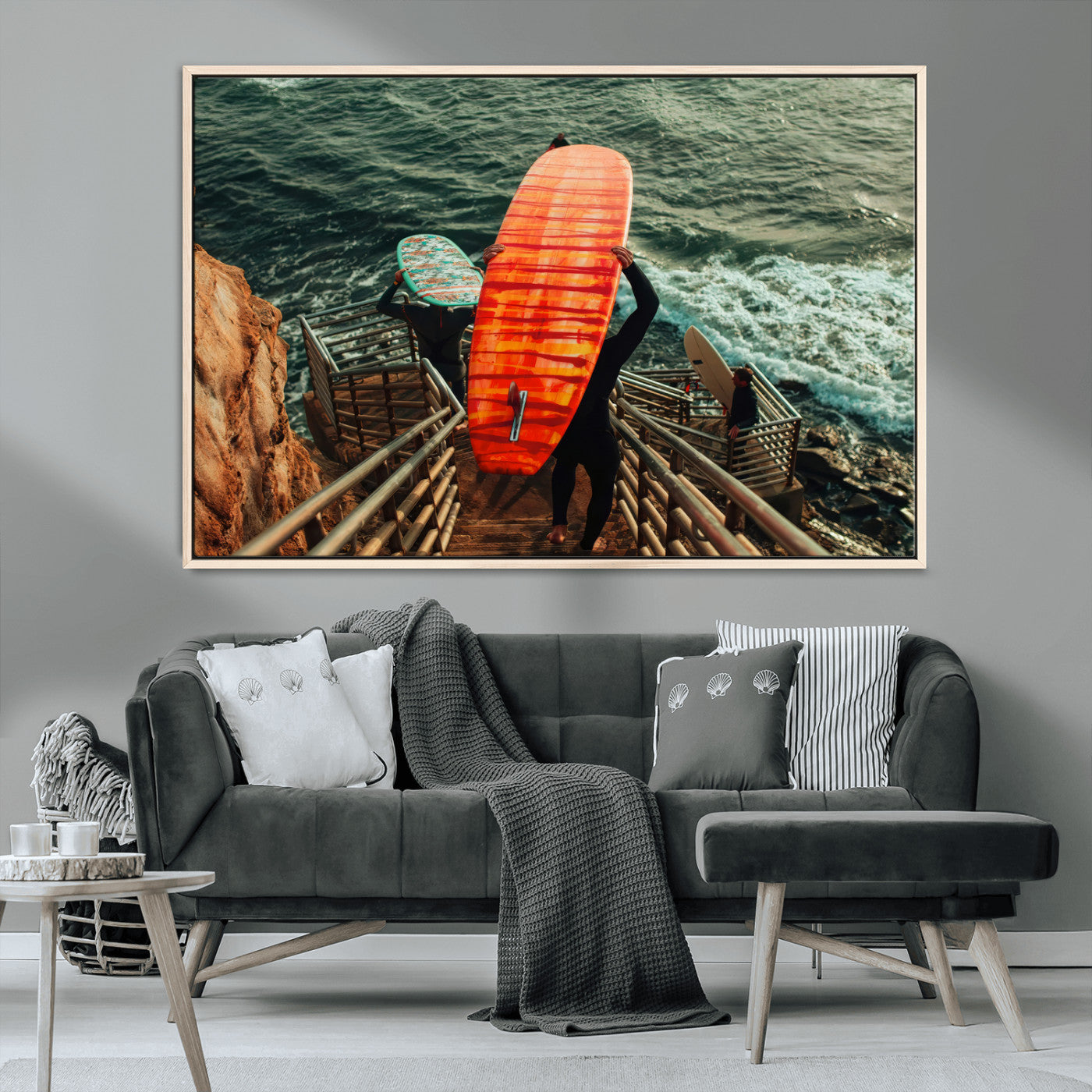 MGV-FC-36X24 - Surfer Stairway Wall Art Canvas Print, Framed Ocean Surf Art Picture Print, Sunset Coastal Perfect Coastal Adventure Decor Artwork